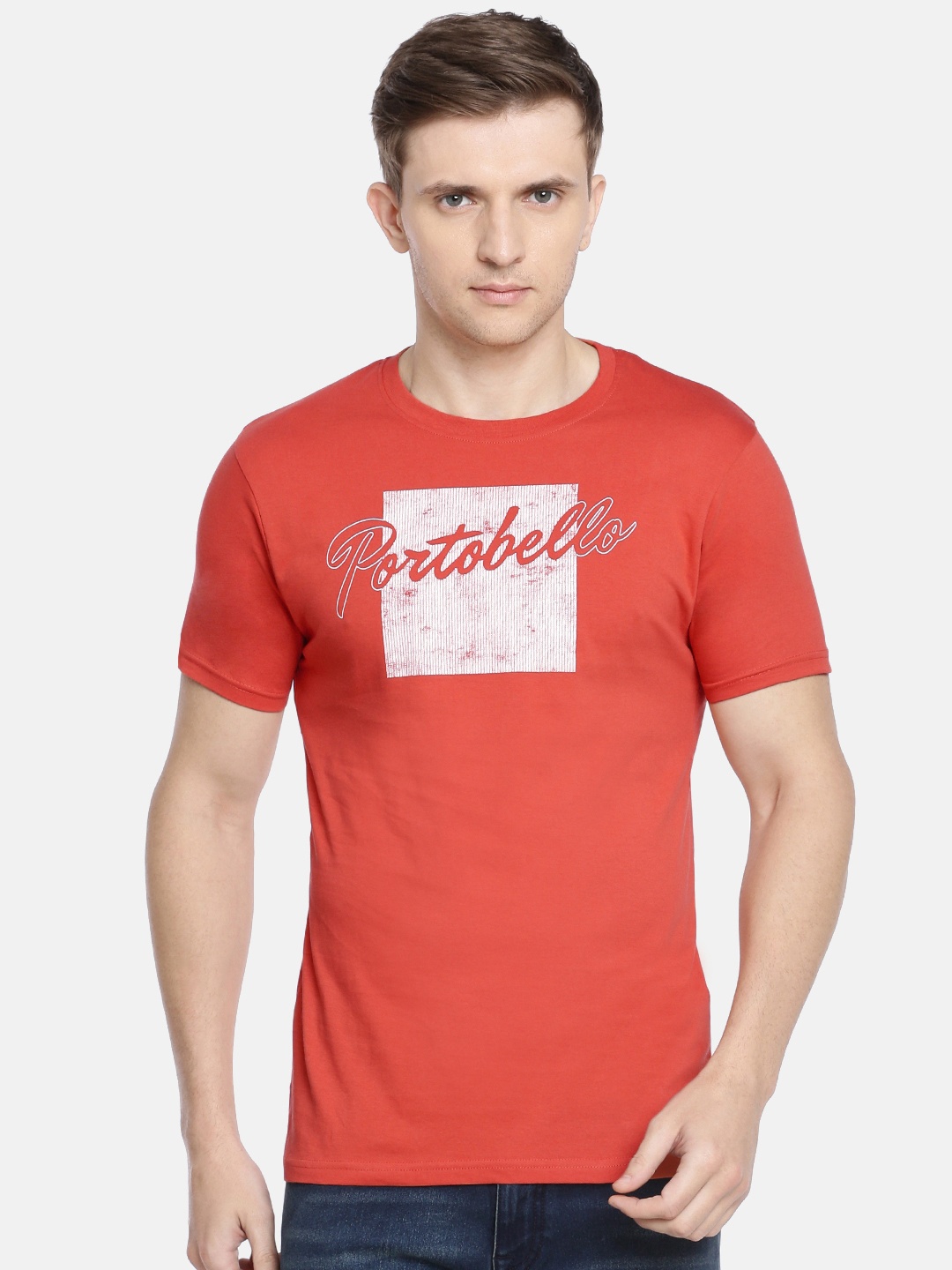 

Pepe Jeans Men Rust Orange Slim Fit Printed Round Neck Pure Cotton T-shirt
