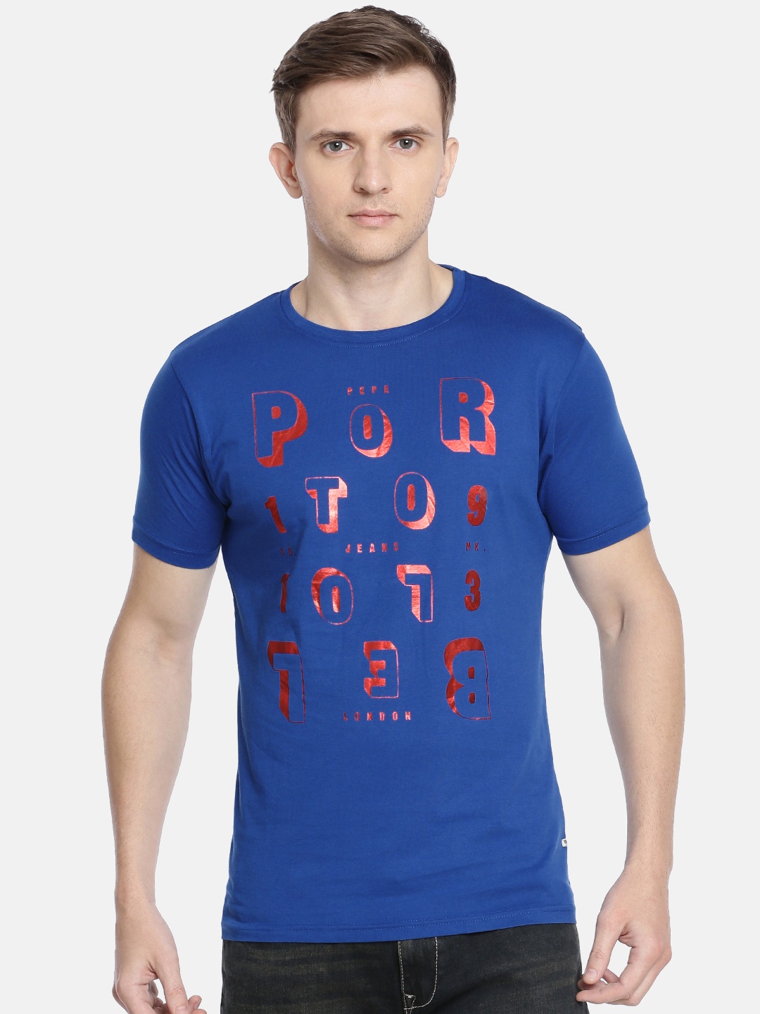 

Pepe Jeans Men Blue Printed Slim Fit Round Neck Pure Cotton T-shirt