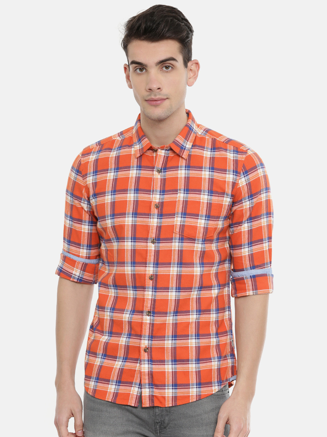 

Pepe Jeans Men Orange & White Slim Fit Checked Casual Shirt