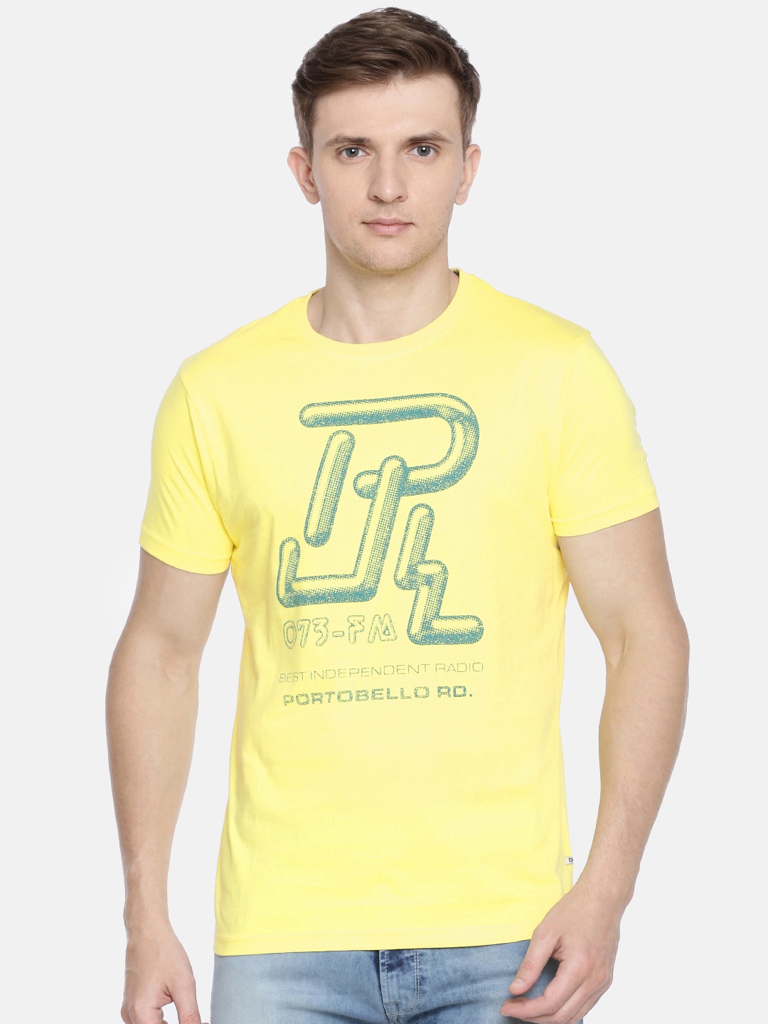 

Pepe Jeans Men Yellow Slim Fit Printed Round Neck Pure Cotton T-shirt