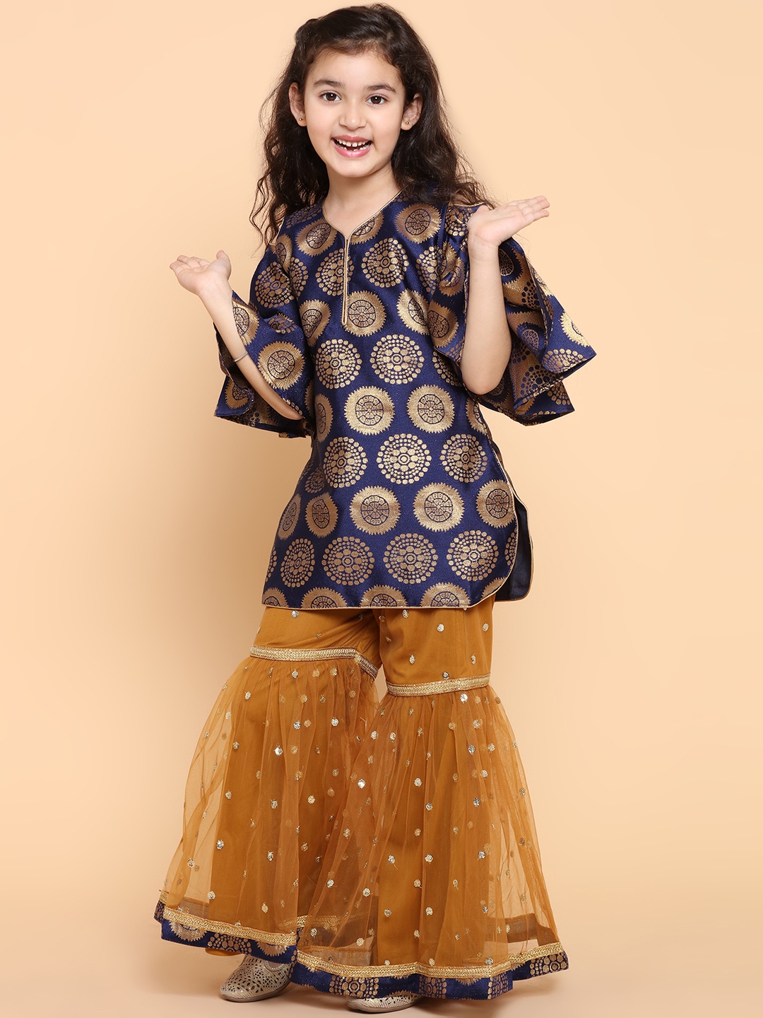 

ADIVA Girls Navy Blue & Gold-Toned Printed Kurti with Sharara & Dupatta