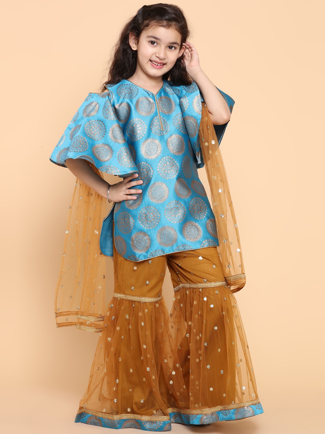 

ADIVA Girls Turquoise Blue & Beige Printed Kurta with Sharara & Dupatta