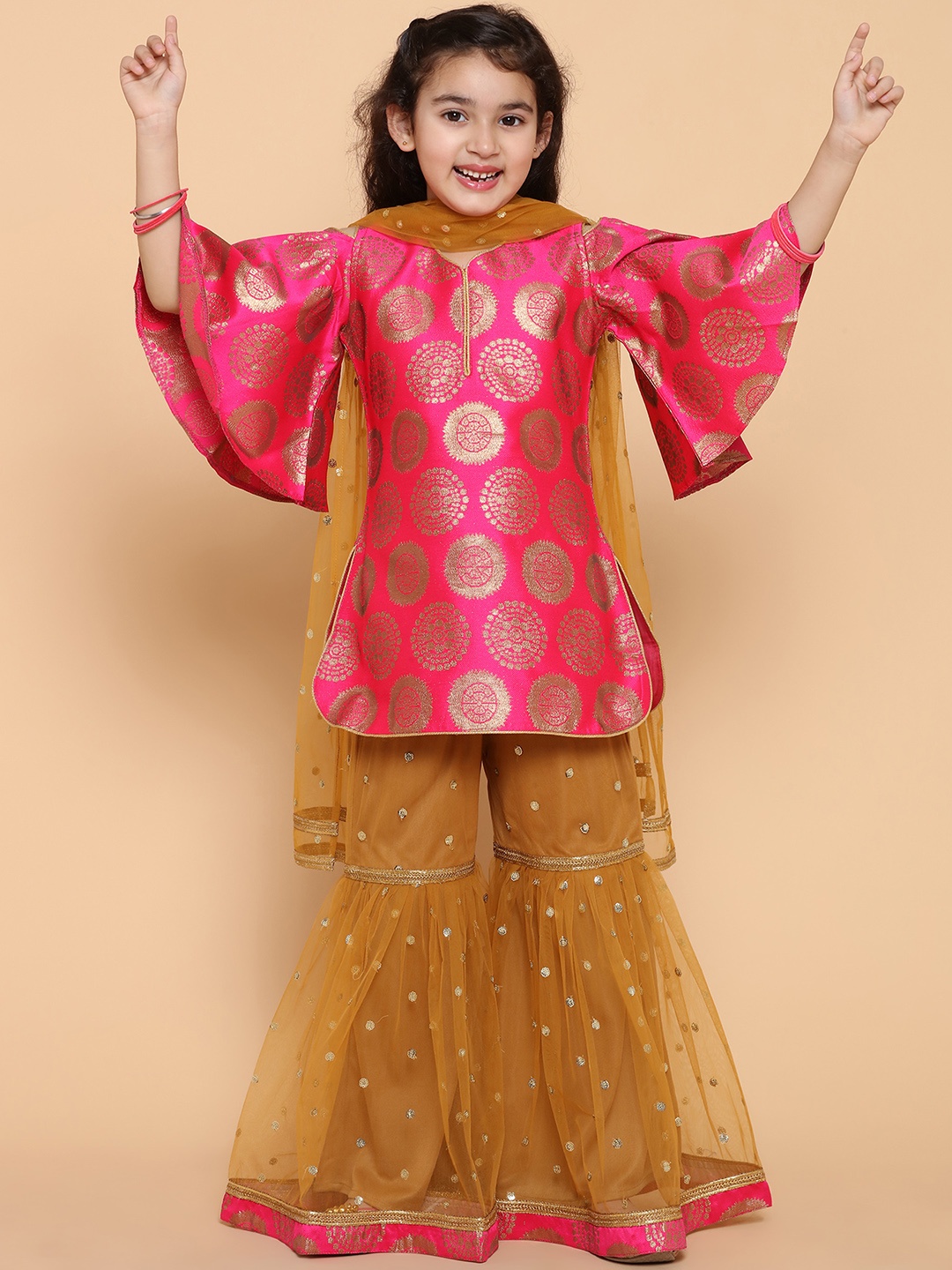

ADIVA Girls Pink & Beige Printed Kurta with Sharara & Dupatta