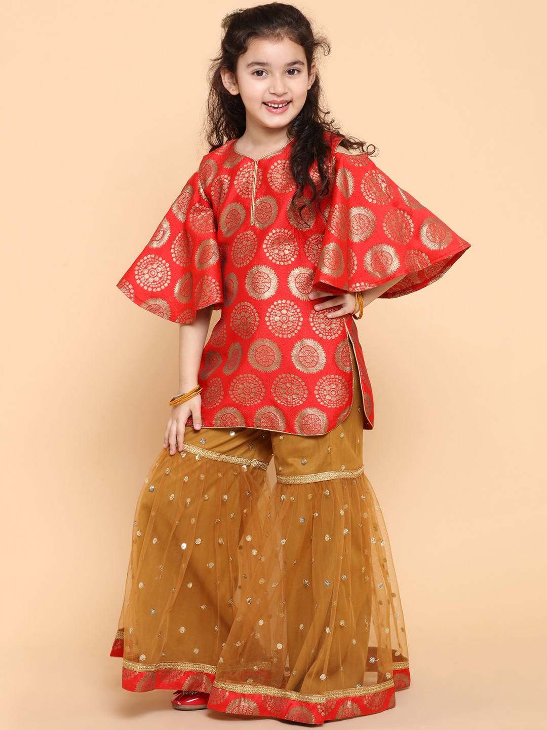 

ADIVA Girls Red & Beige Printed Kurta with Sharara & Dupatta