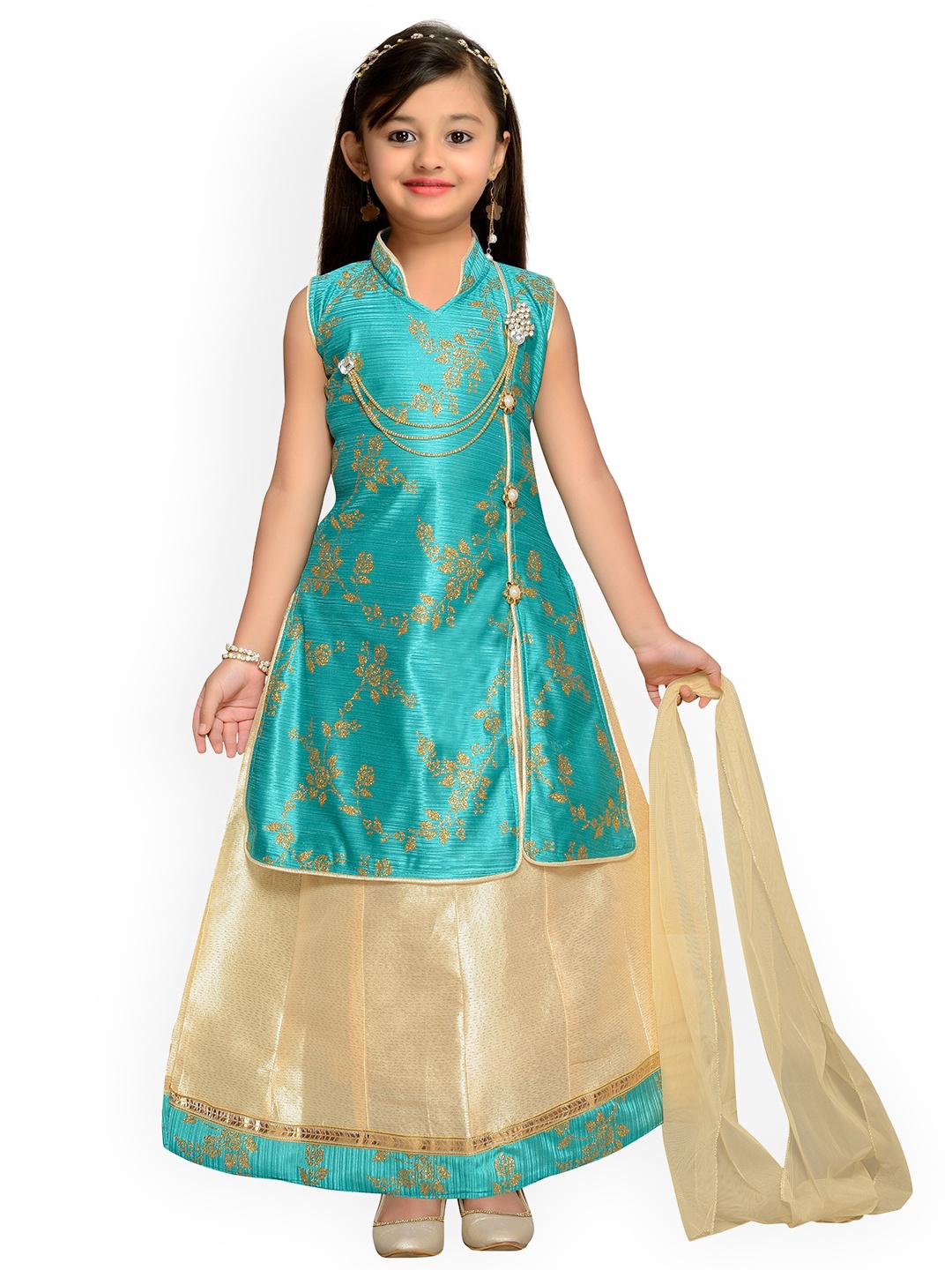 

Kidling Girls Green & Beige Printed Ready to Wear Lehenga & Blouse with Dupatta