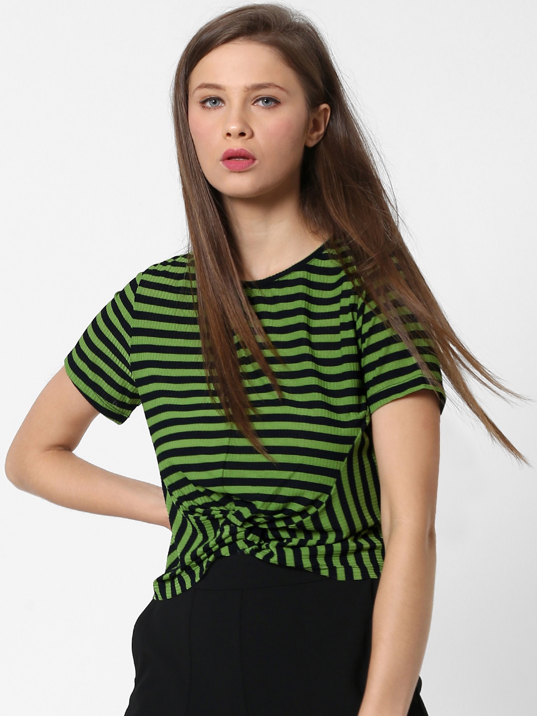 

ONLY Women Green & Navy Blue Striped Top