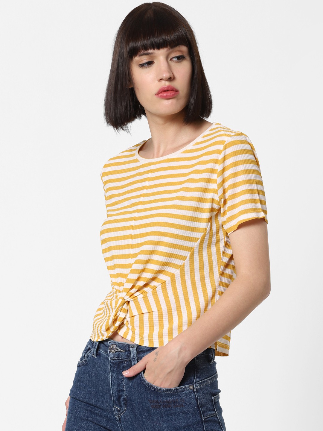 

ONLY Women Mustard Yellow & White Striped Regular Top