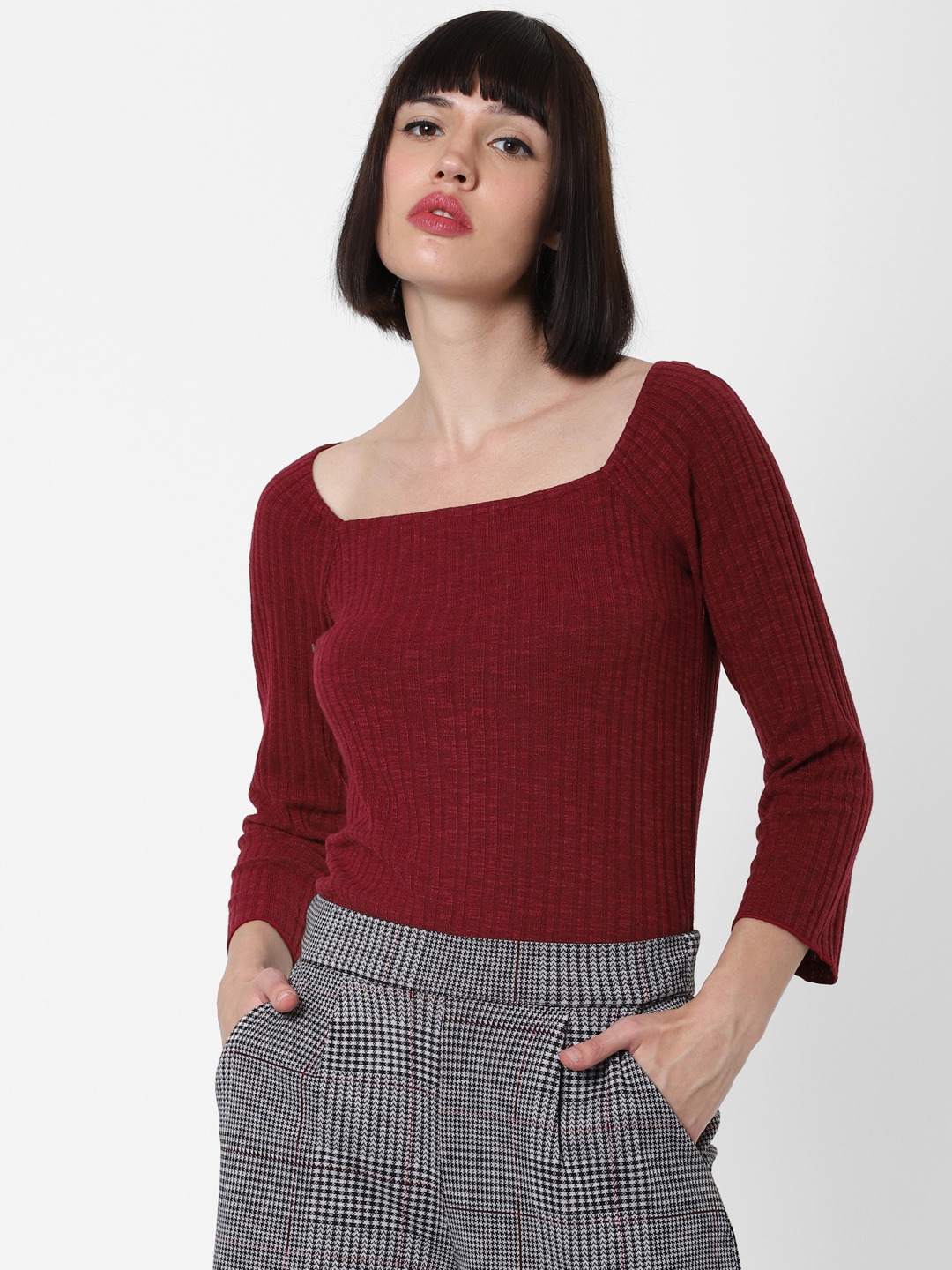 

ONLY Women Maroon Solid Fitted Top