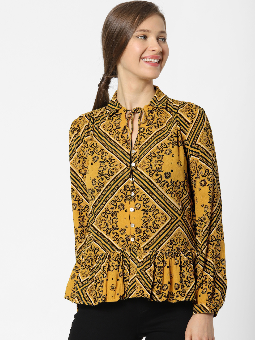 

ONLY Women Mustard Yellow & Black Printed Shirt Style Top