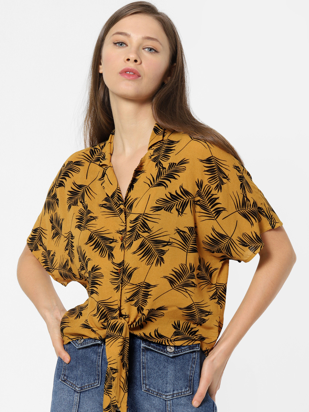 

ONLY Women Mustard Yellow & Black Tropical Print Shirt Style Top