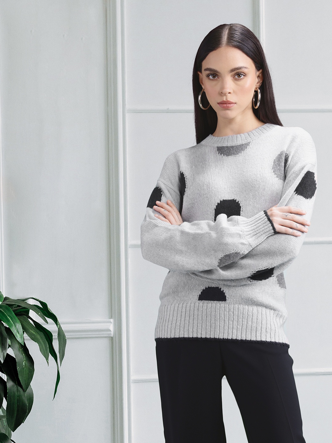 

her by invictus Women Grey & Black Self Design Pullover Sweater