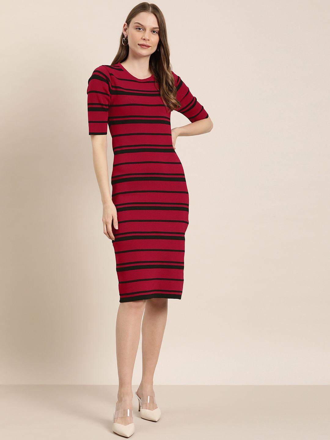 

her by invictus Women Red & Black Striped Jumper Dress