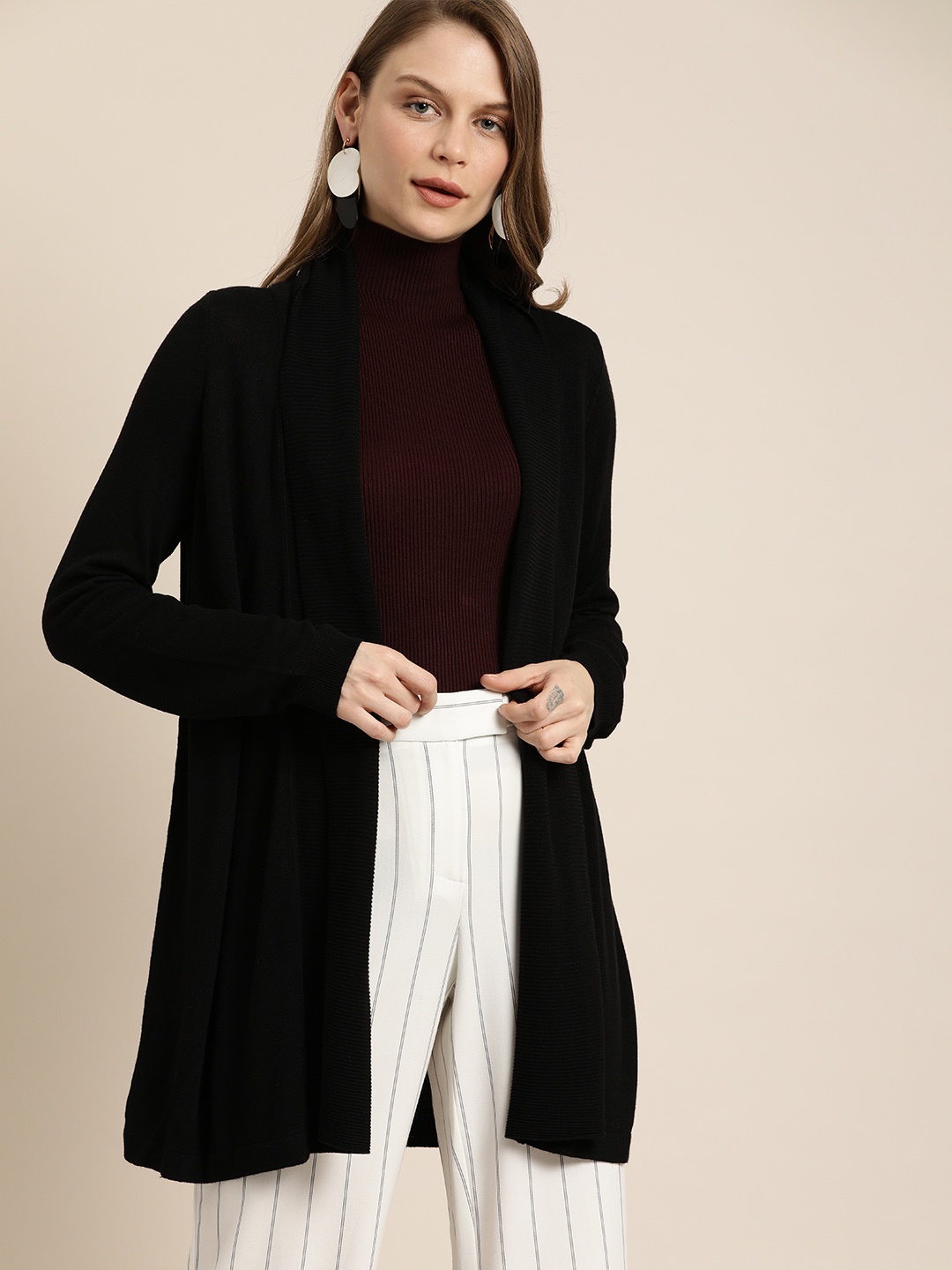 

her by invictus Women Black Solid Front-Open Sweater