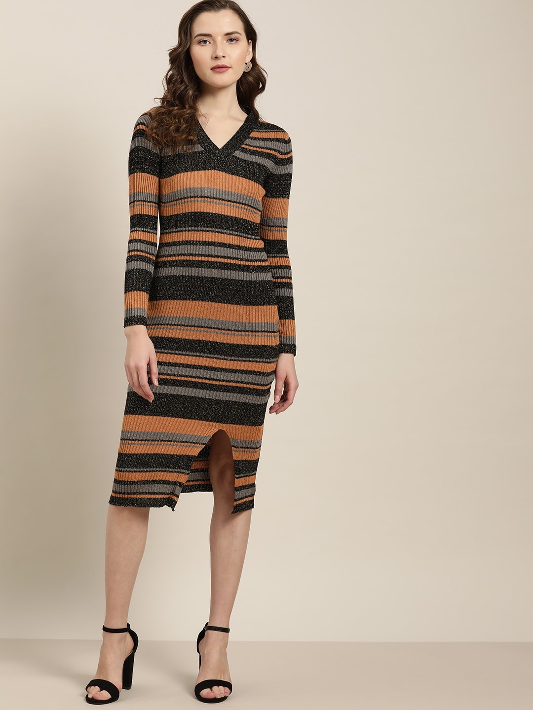 

her by invictus Women Rust Orange & Charcoal Grey Striped Bodycon Dress