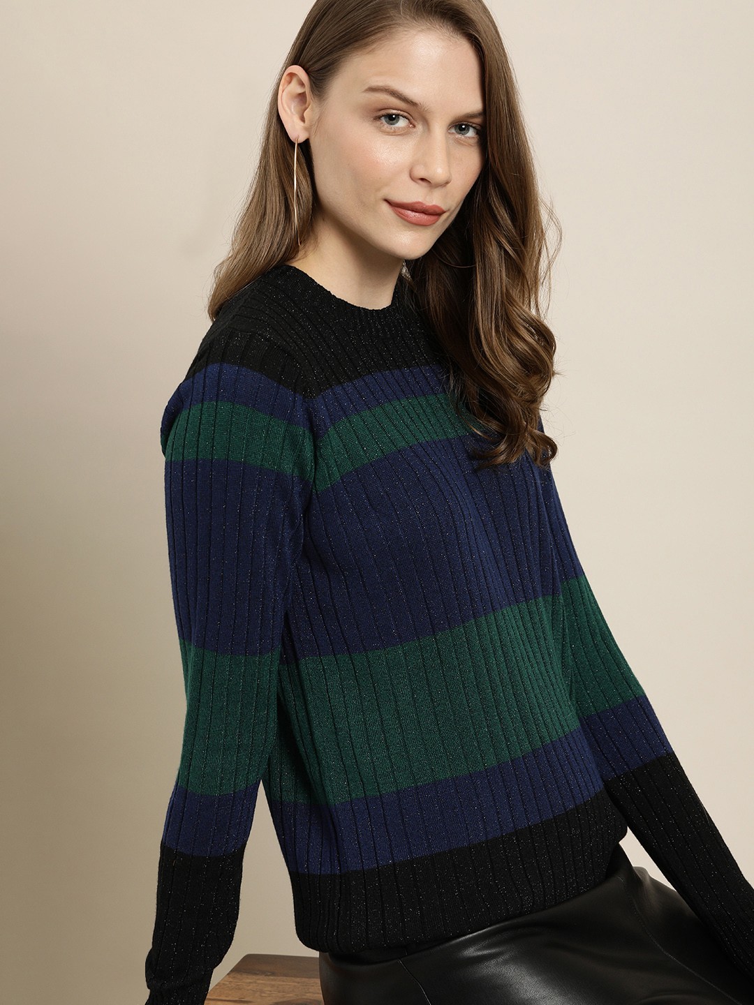 

her by invictus Women Navy & Black Striped Sweater With Shimmer Effect, Navy blue
