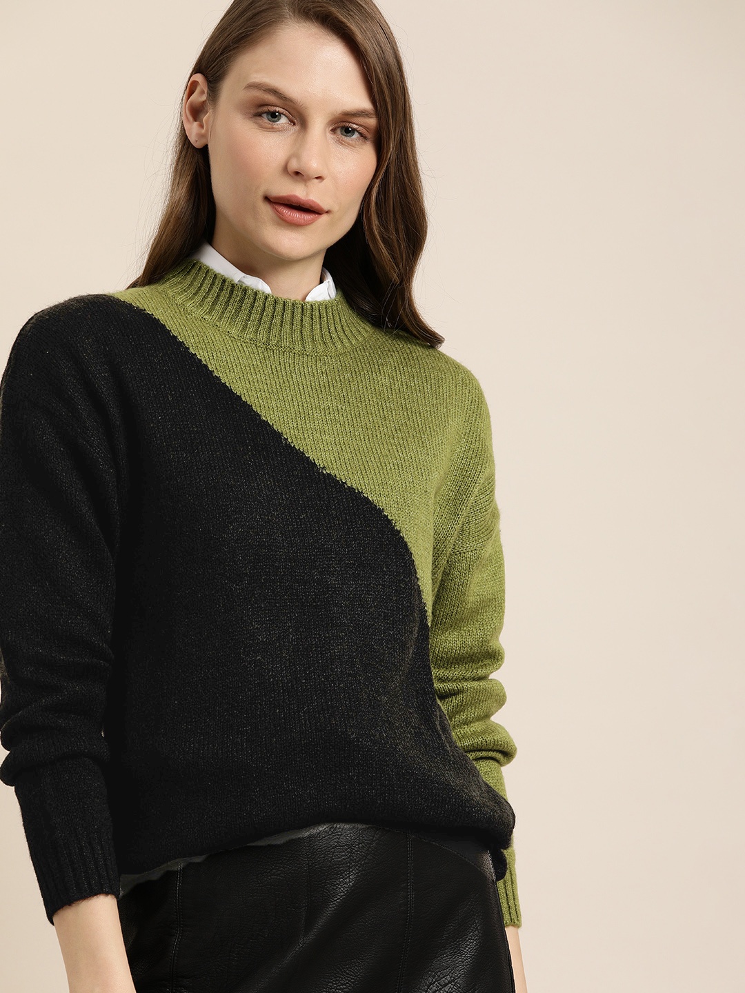 

her by invictus Women Olive Green & Black Colourblocked Pullover Sweater