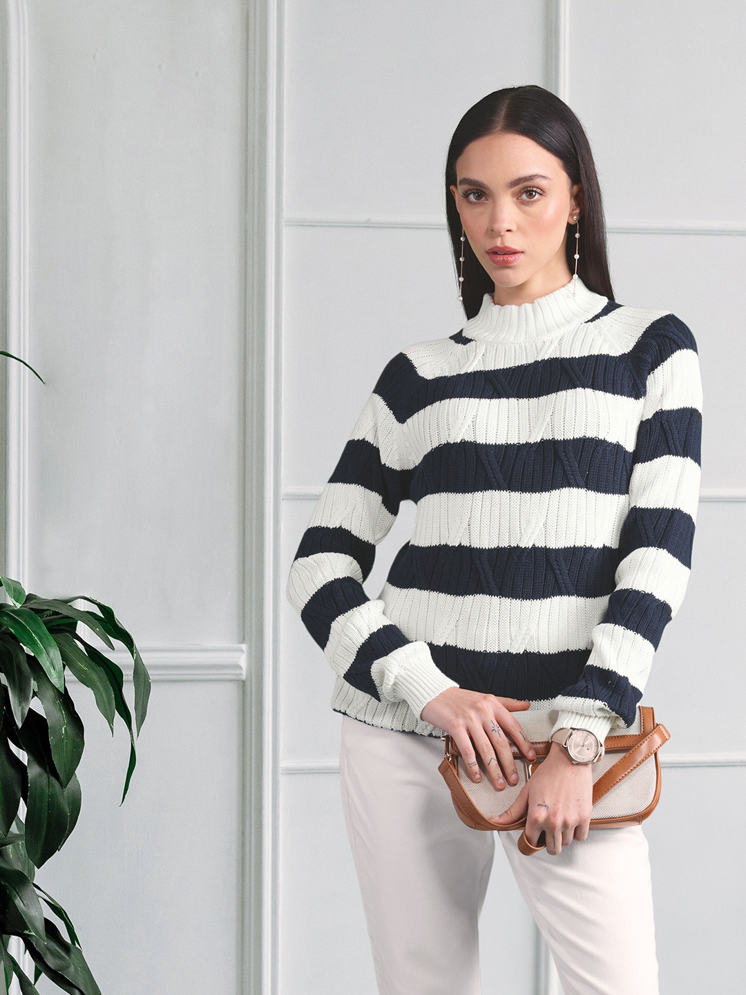 

her by invictus Women Navy Blue & Off-White Striped Pullover Sweater