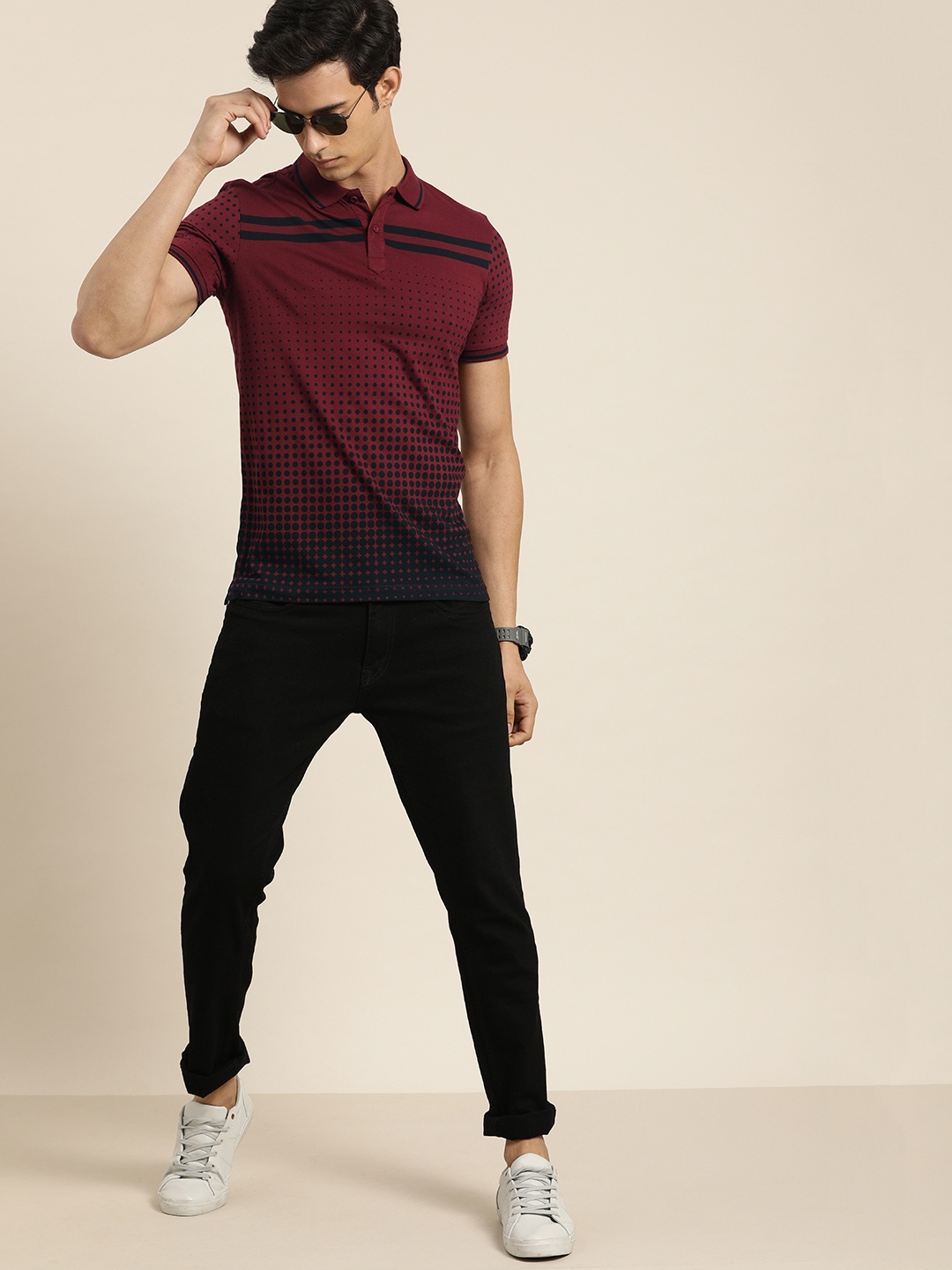 

Moda Rapido Men Burgundy & Black Printed Polo Collar T-shirt