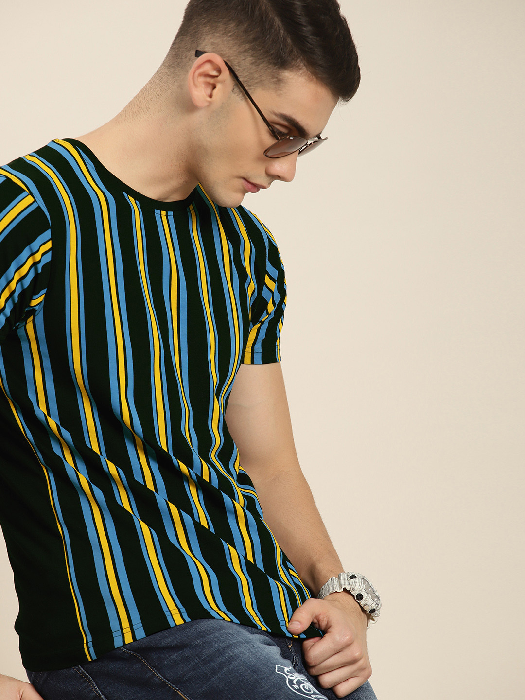 

Moda Rapido Men Black Blue Striped Round Neck Pure Cotton T-shirt
