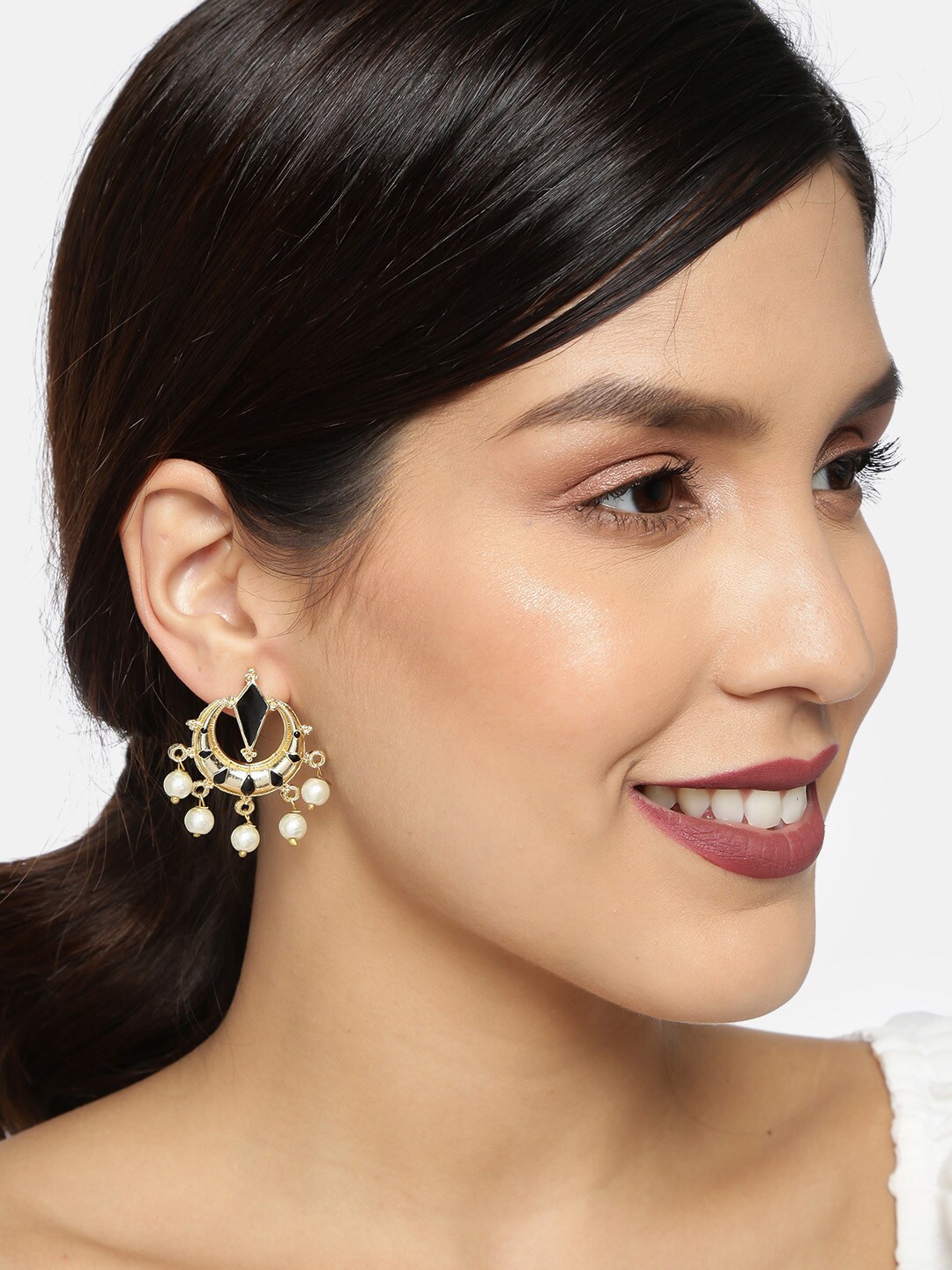 

Ayesha Black Gold-Plated Studded Ethnic Pearl Circular Drop Earrings