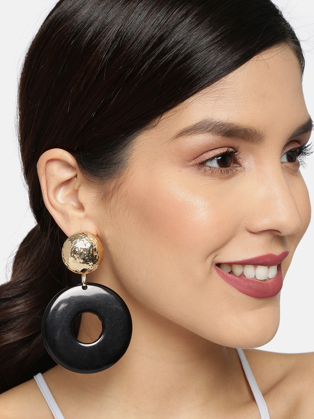 

Ayesha Gold-Plated & Black Oversized Hammered Statement Circular Drop Earrings