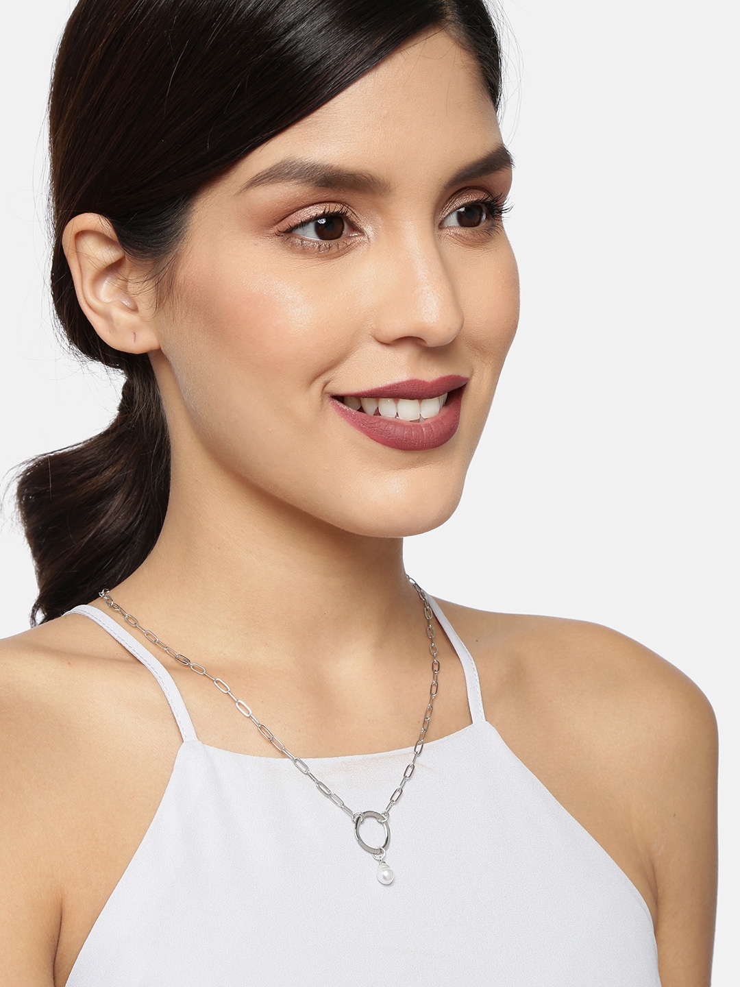 

Ayesha Silver-Plated Circular Pearl Charm Pendant Chain Link Necklace