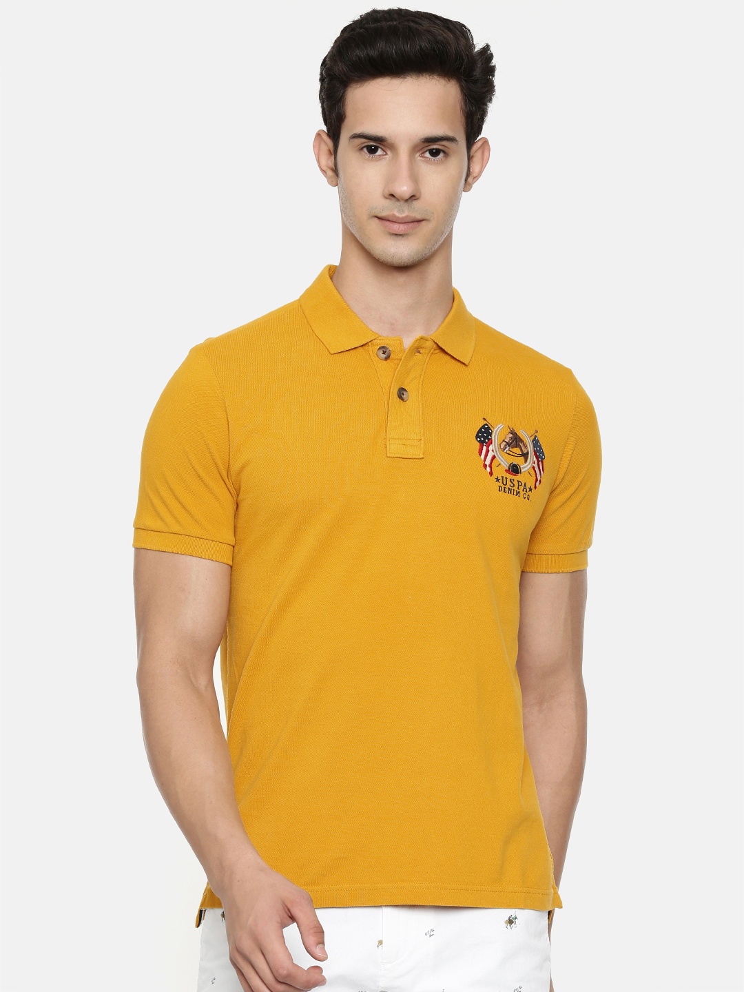 

U.S. Polo Assn. Denim Co. Men Mustard Yellow Solid Polo Collar Pure Cotton T-shirt