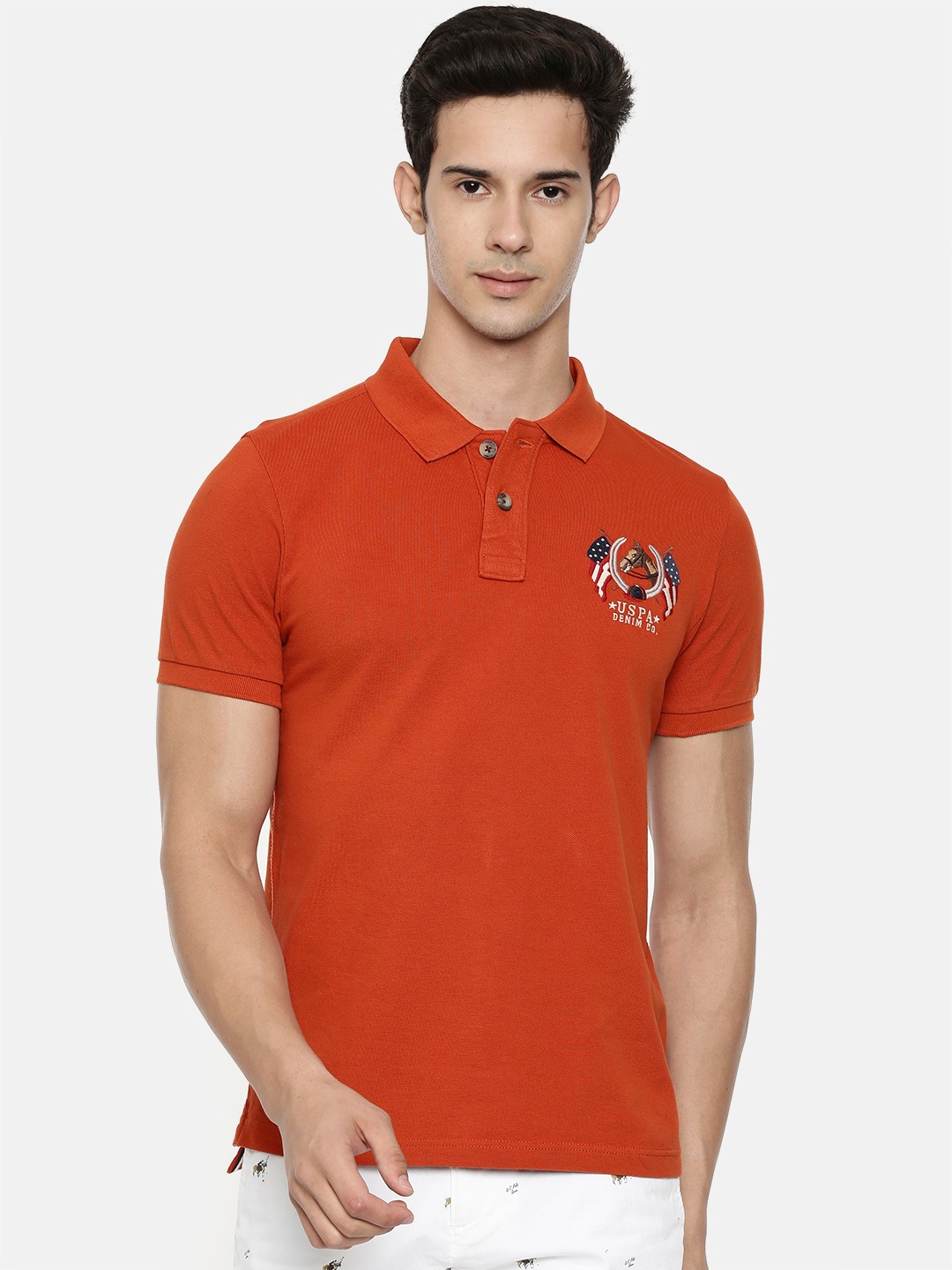 

U.S. Polo Assn. Denim Co. Men Rust Orange Solid Polo Collar Pure Cotton T-shirt