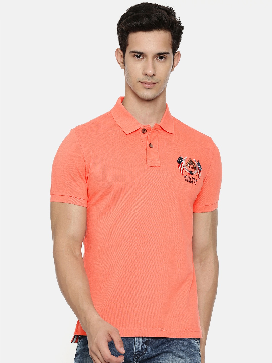 

U.S. Polo Assn. Denim Co. Men Peach-Coloured Solid Polo Collar Pure Cotton T-shirt