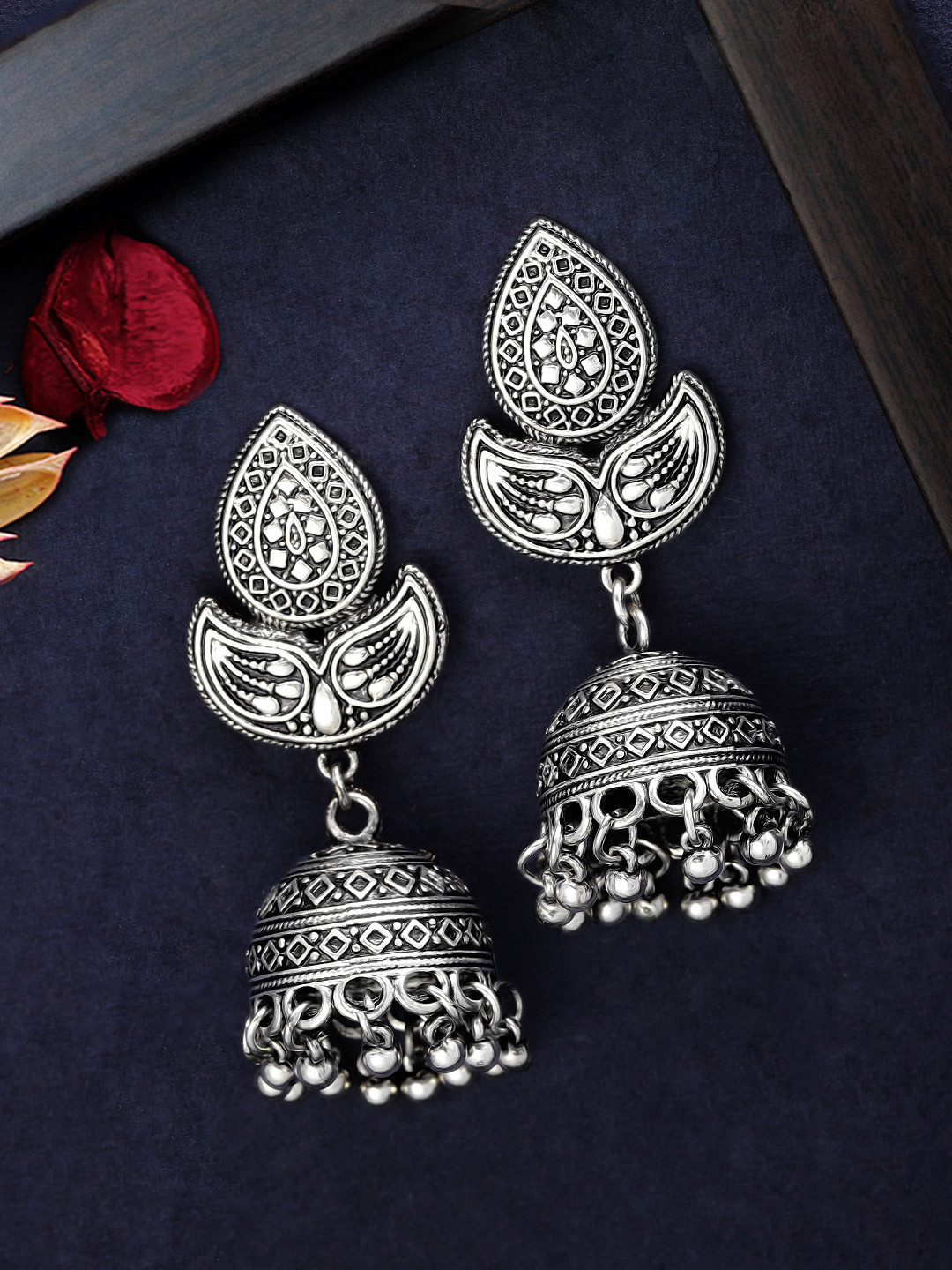 

Rubans Women Silver-Toned Oxidised Classic Jhumkas