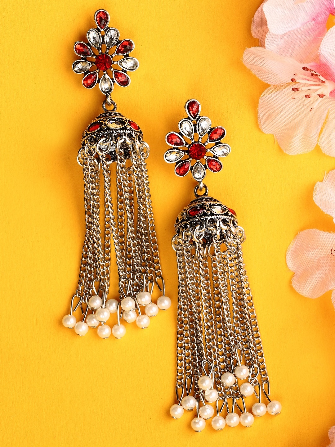 

Rubans Silver-Toned & Red Oxidised Contemporary Jhumkas