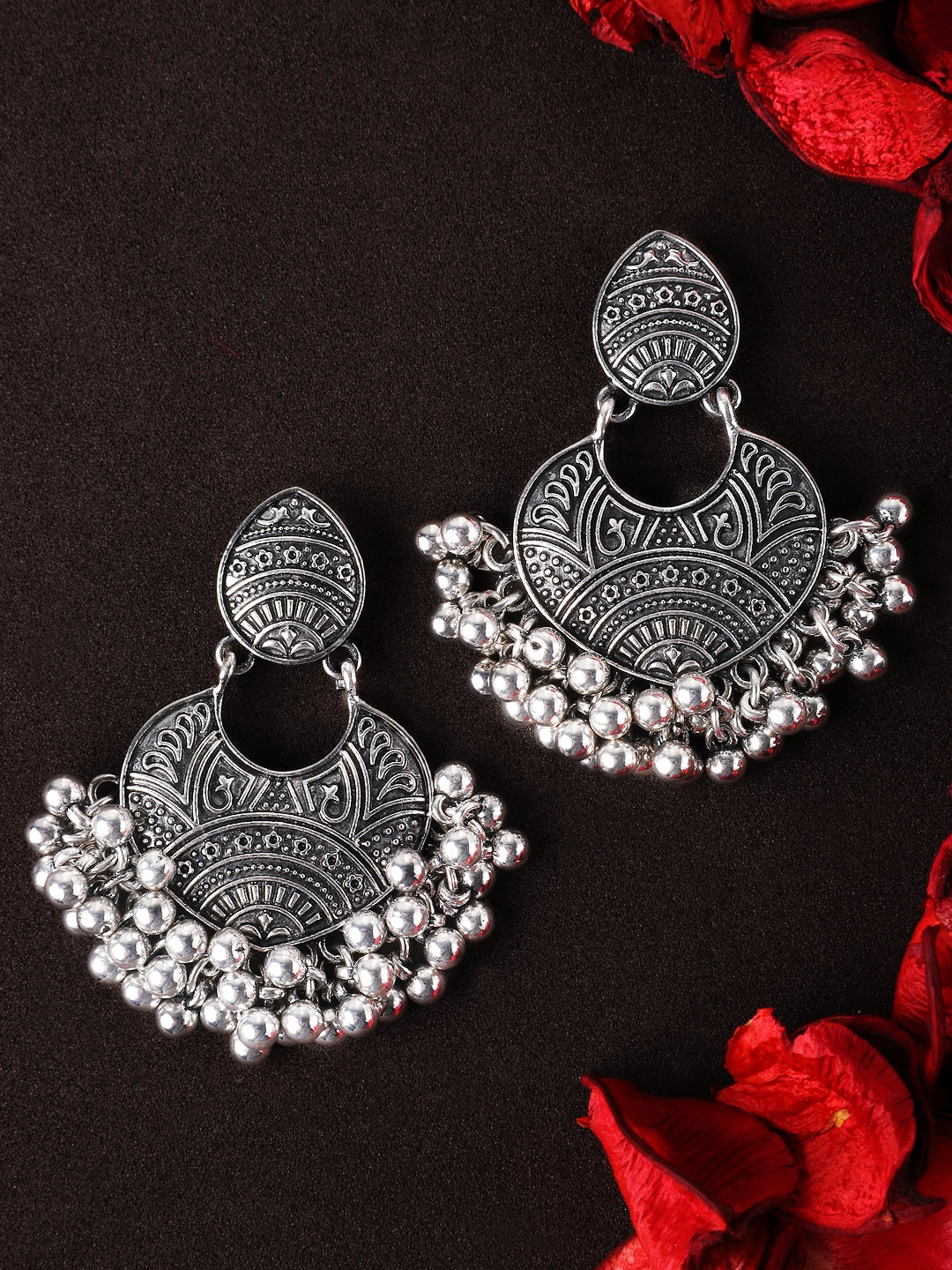 

Rubans Black & Silver-Toned Classic Oxidised Chandbali Earrings