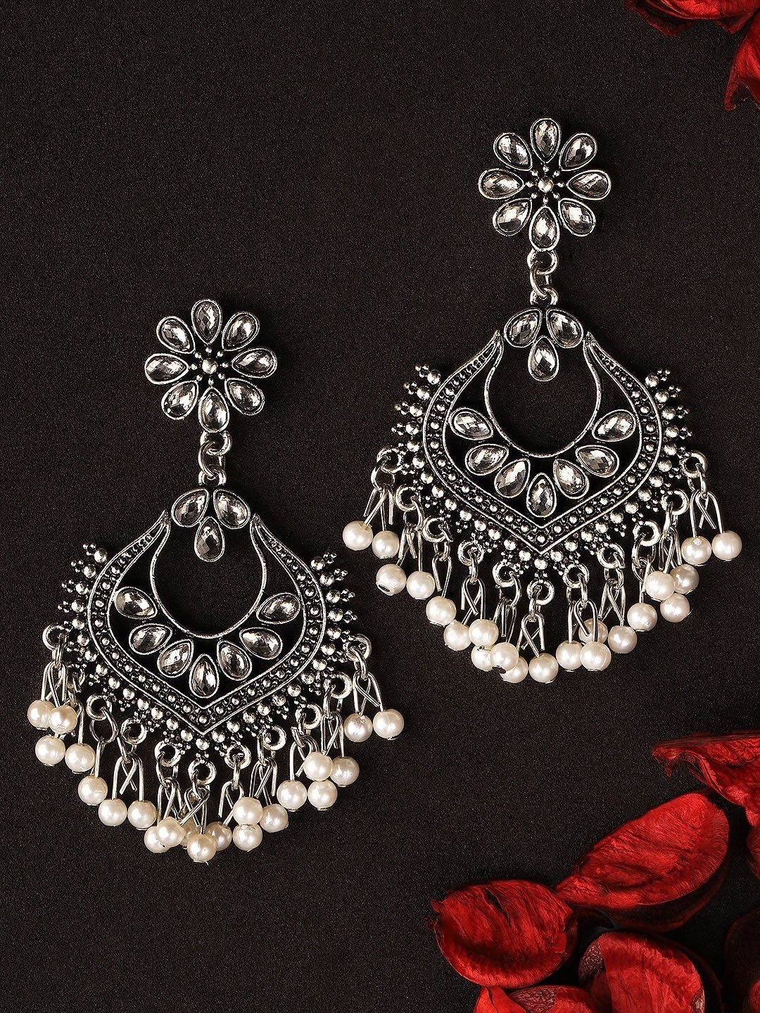 

Rubans Silver-Toned & White Oxidised Contemporary Drop Earrings