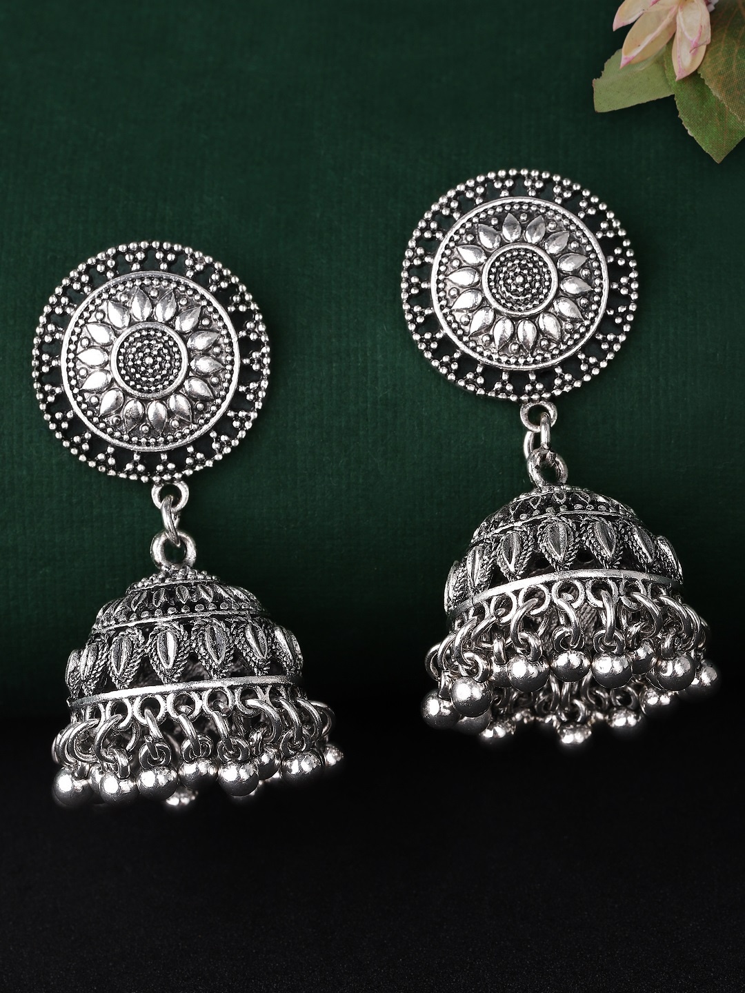 

Rubans Silver-Toned Oxidised Classic Jhumkas