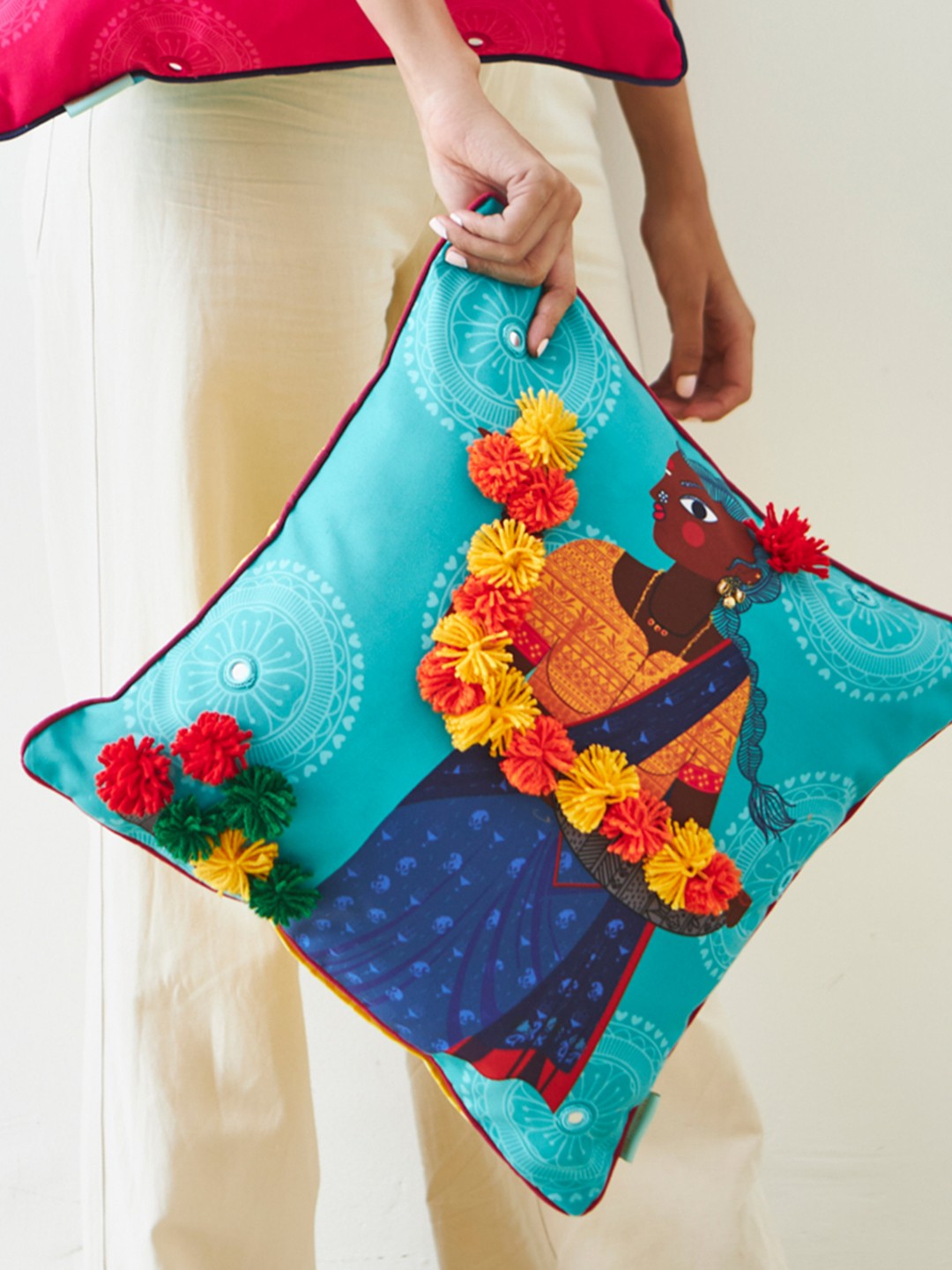 

Chumbak Blue & Orange Single Flower Vendor Square Cushion Cover