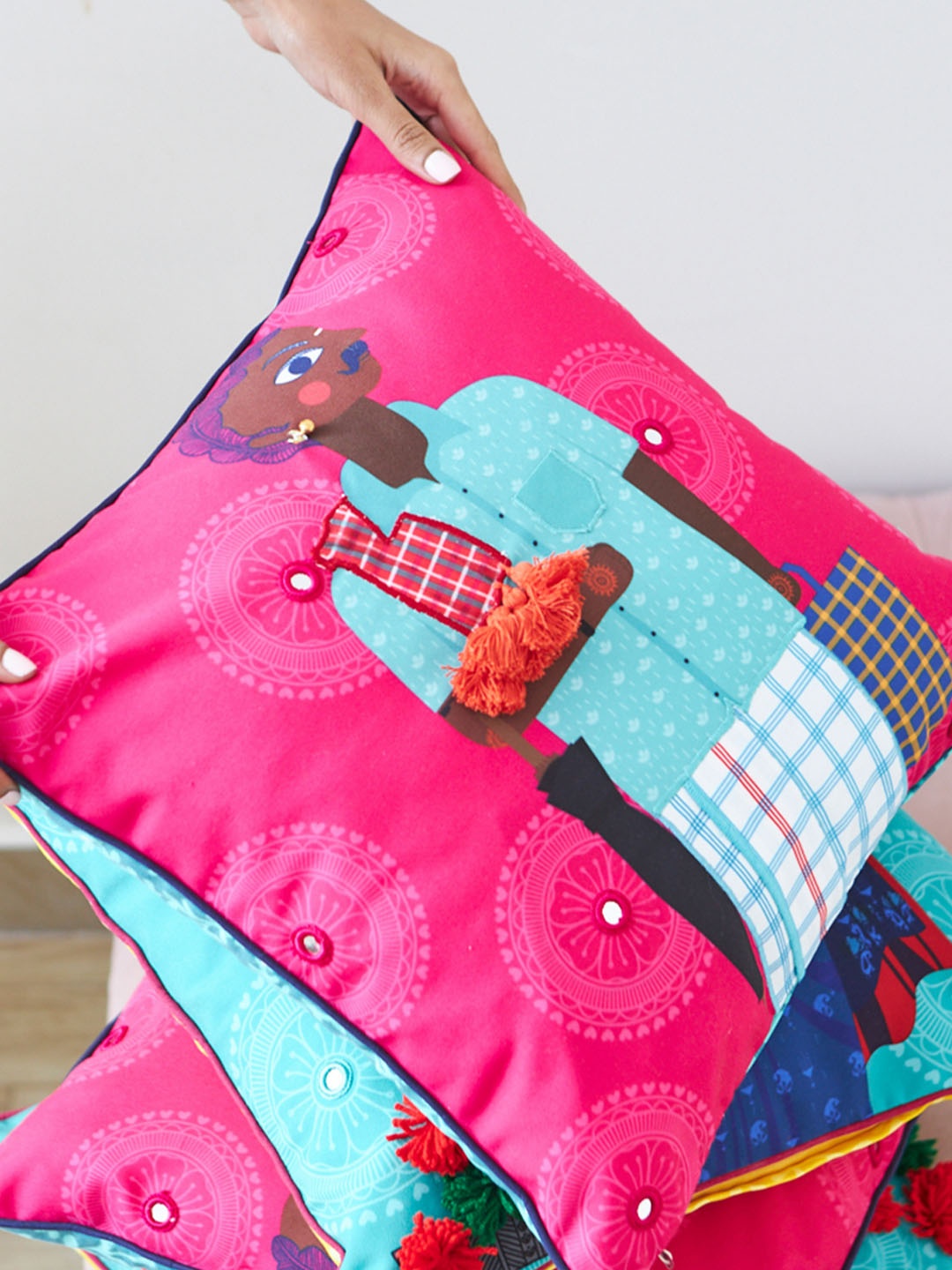 

Chumbak Pink & Turquoise Blue Quirky Square Cushion Cover