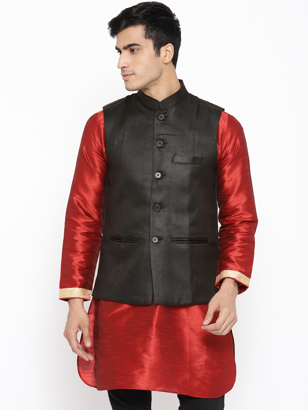 

Vastraa Fusion Men Black Textured Nehru Jacket