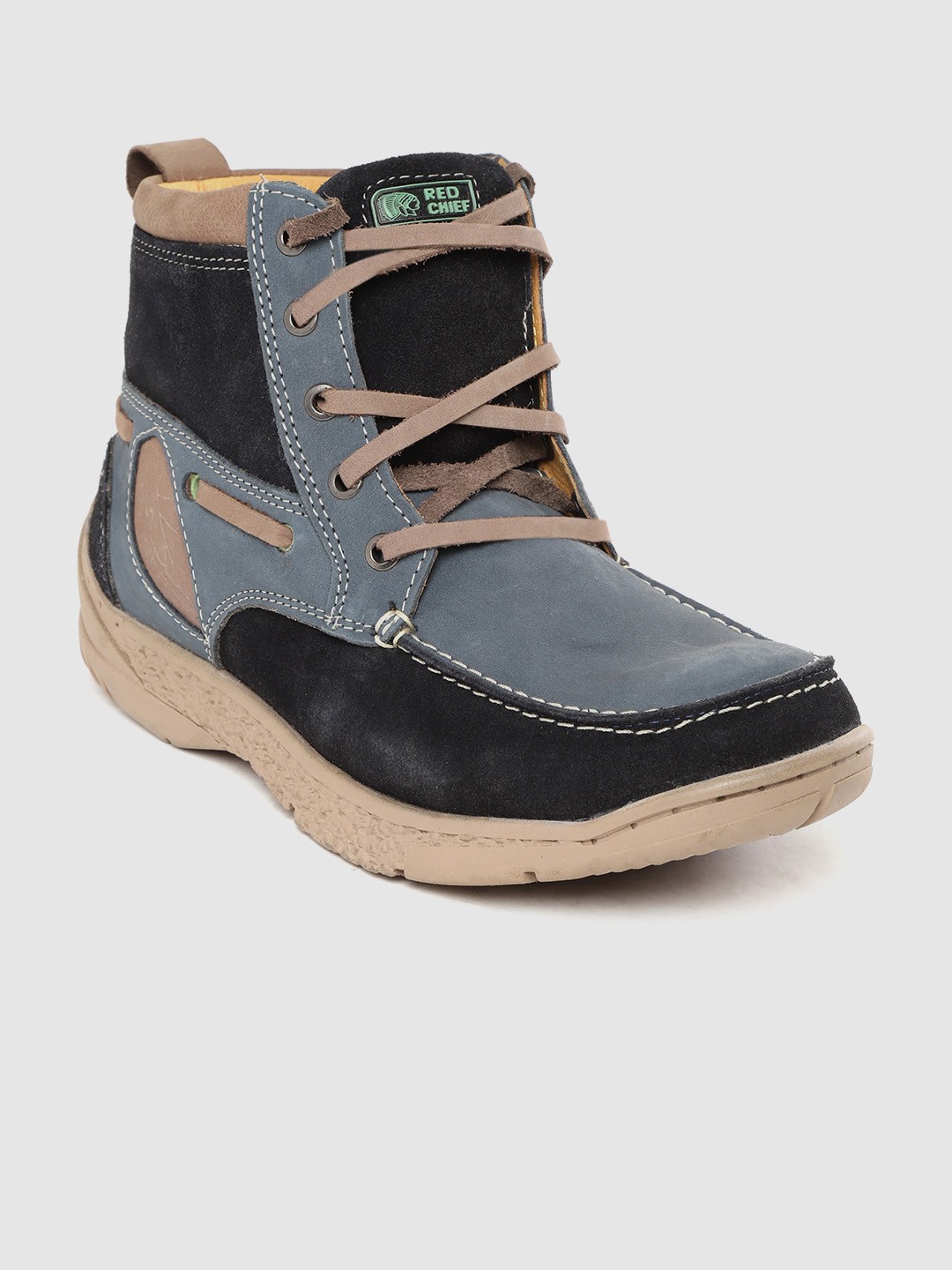 

Red Chief Men Blue Colourblocked Leather Mid-Top Flat Boots