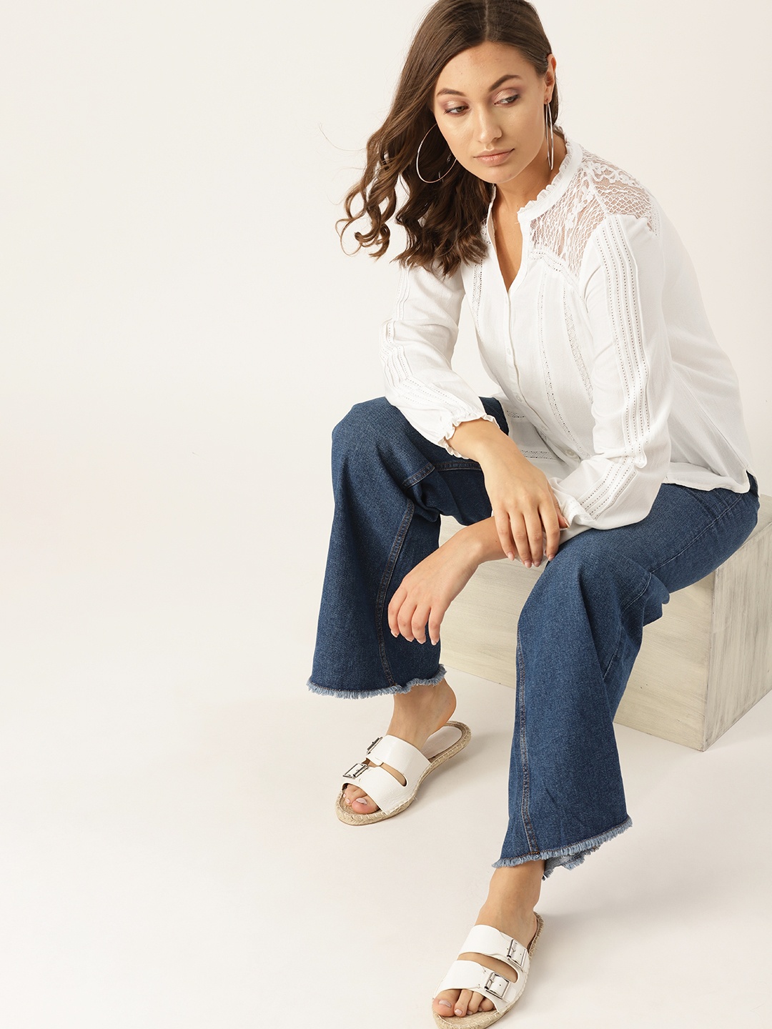 

MANGO Women White Regular Fit Solid Lace Insert Casual Shirt