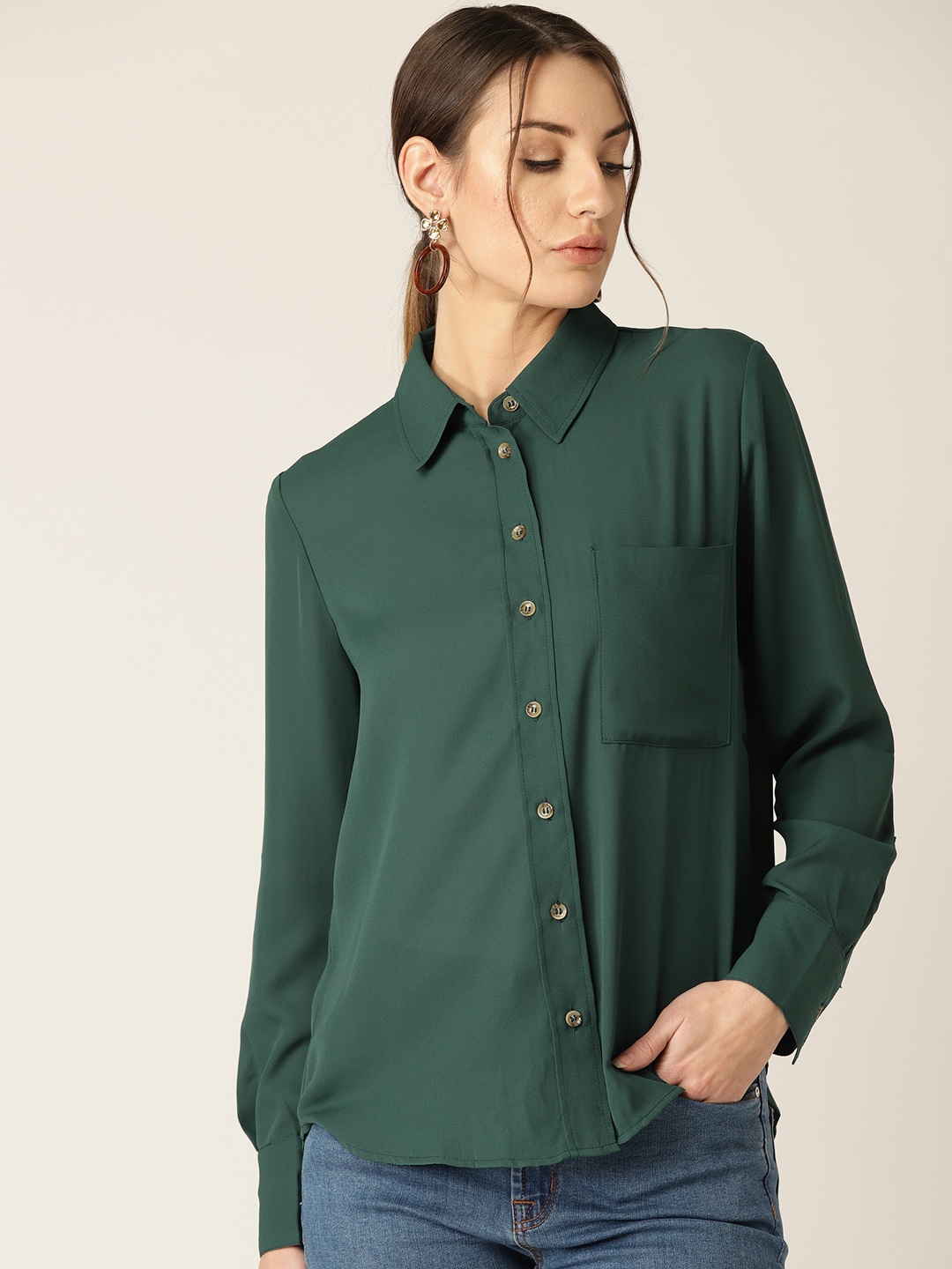 

MANGO Women Green Solid Casual Shirt