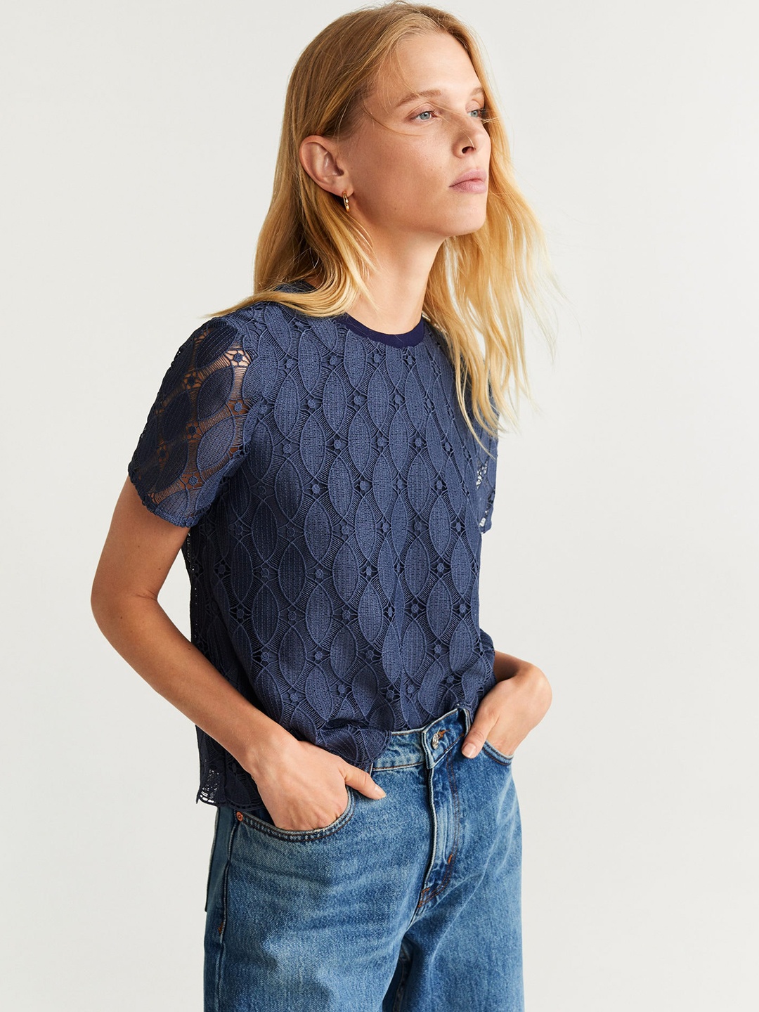 

MANGO Women Navy Blue Self Design Top