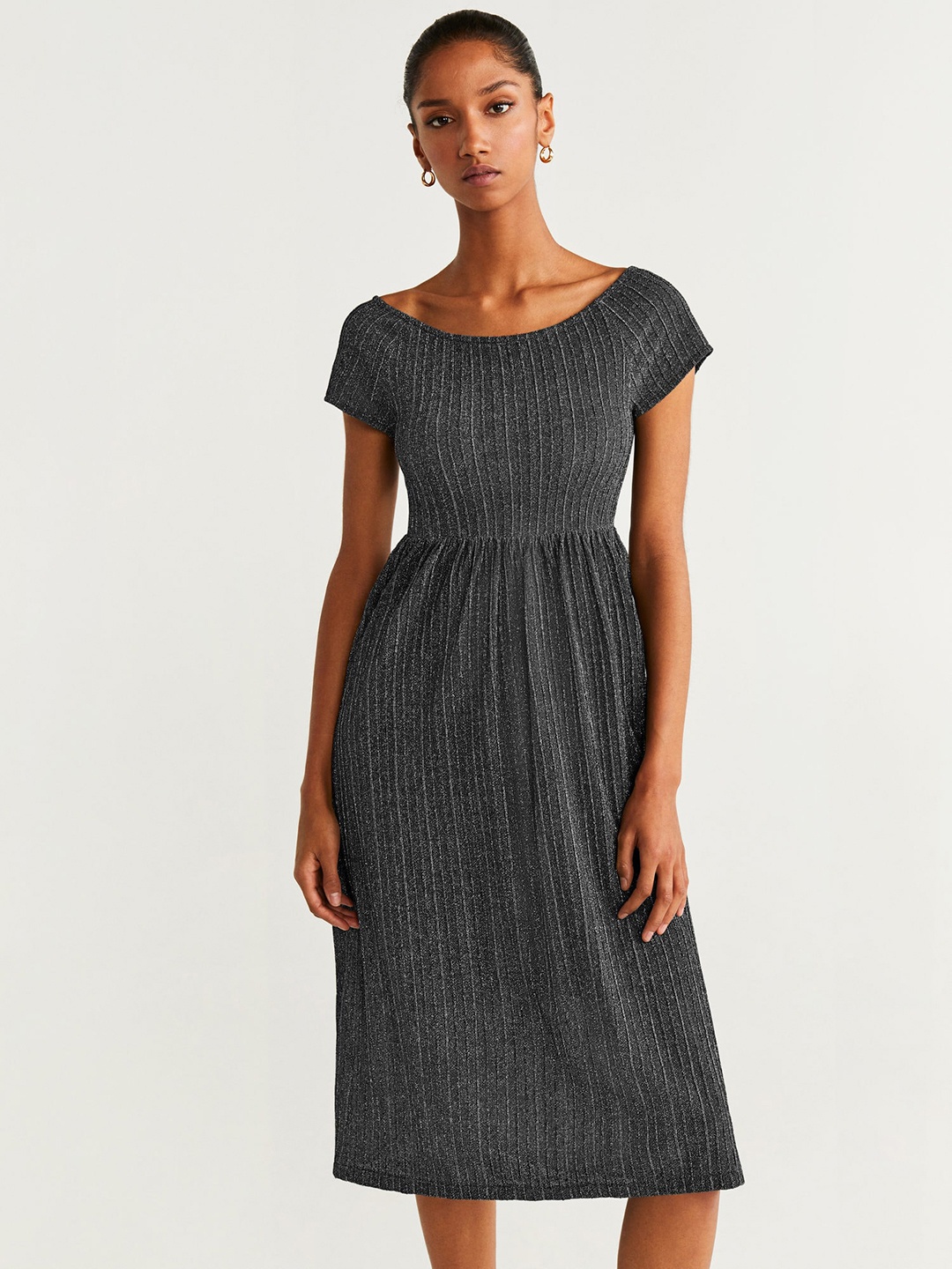 

MANGO Women Charcoal Grey & Silver Striped A-Line Dress