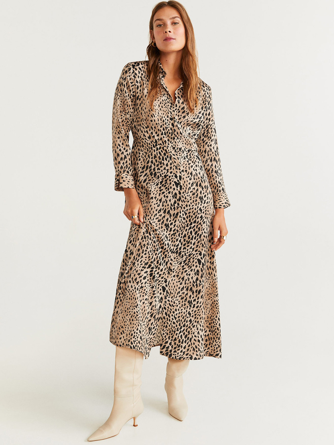 

MANGO Women Beige & Black Leopard Print Midi Shirt Dress