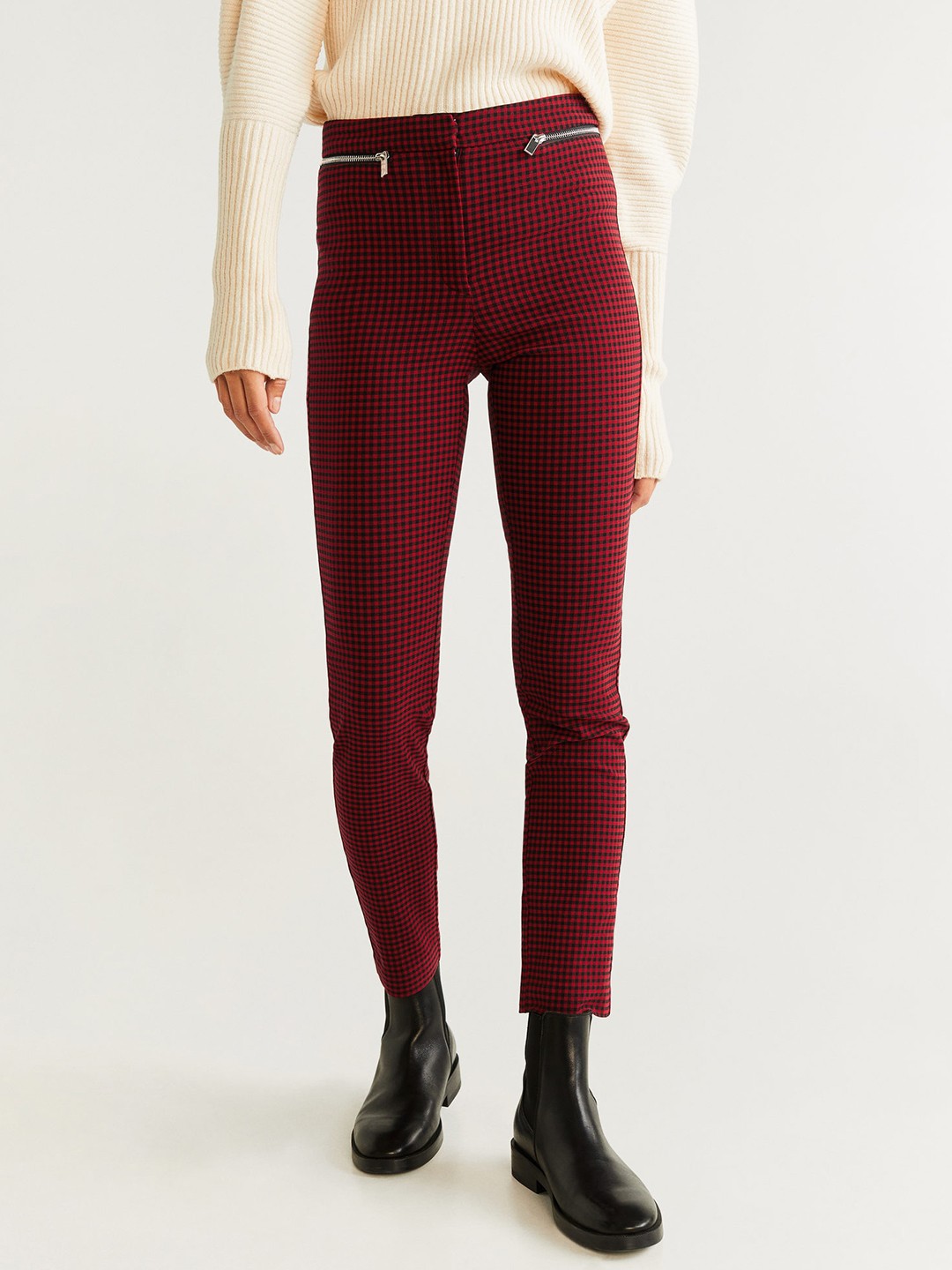 

MANGO Women Red & Black Regular Fit Checked Trousers