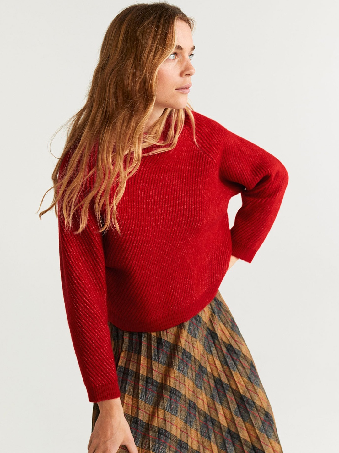 

MANGO Women Rust Red Ribbed Pullover