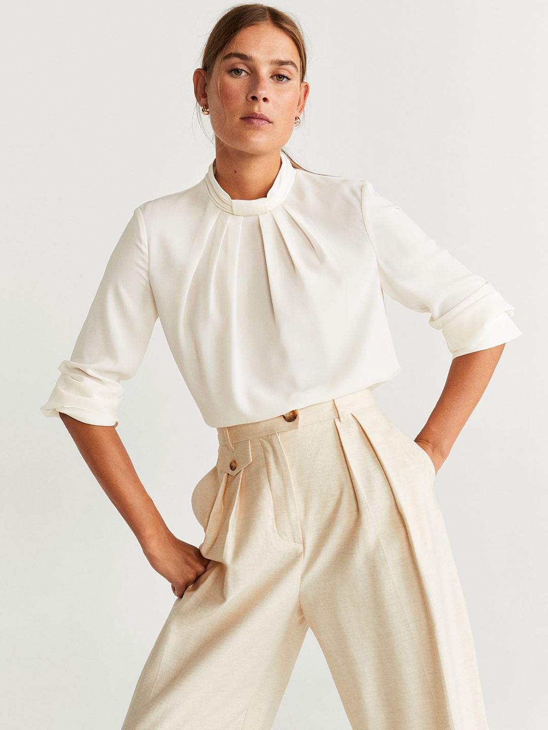 

MANGO Women Off-White Solid Top