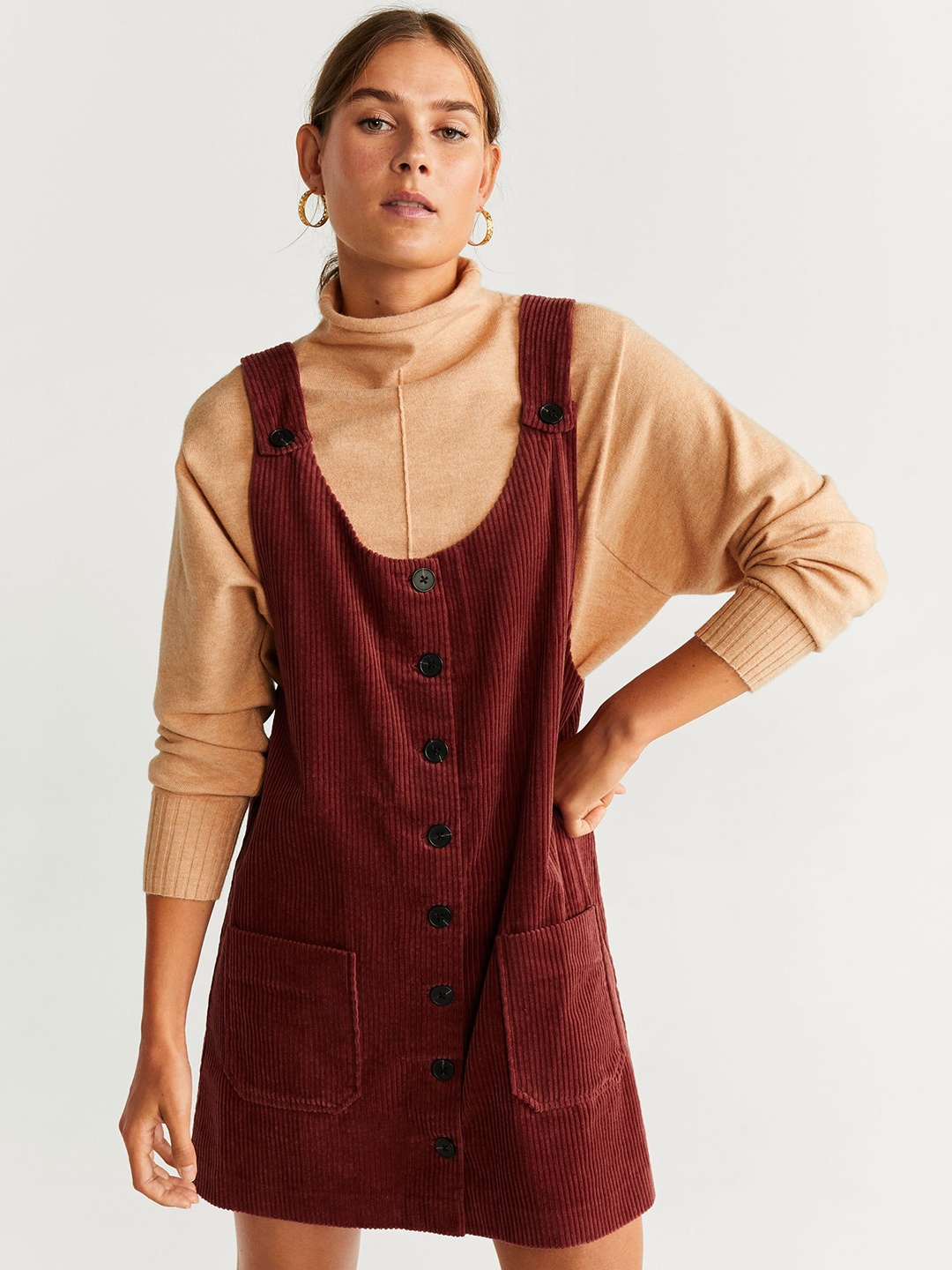 

MANGO Women Rust Red Solid Corduroy Pinafore Dress