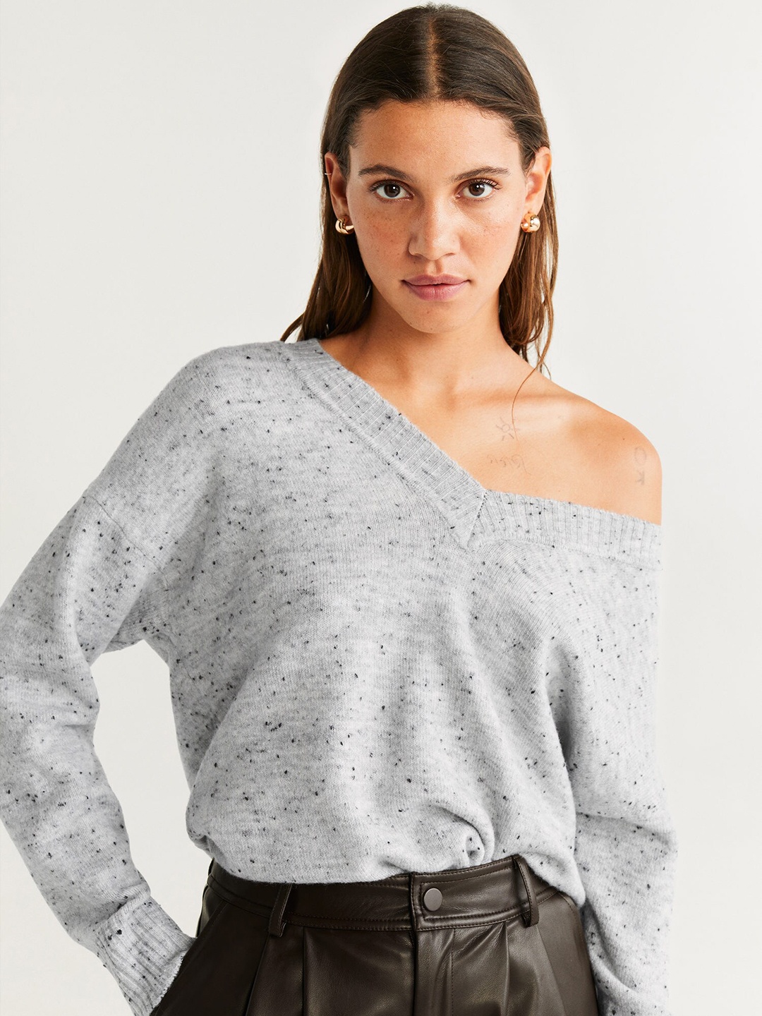 

MANGO Women Grey Melange Self Design Sweater