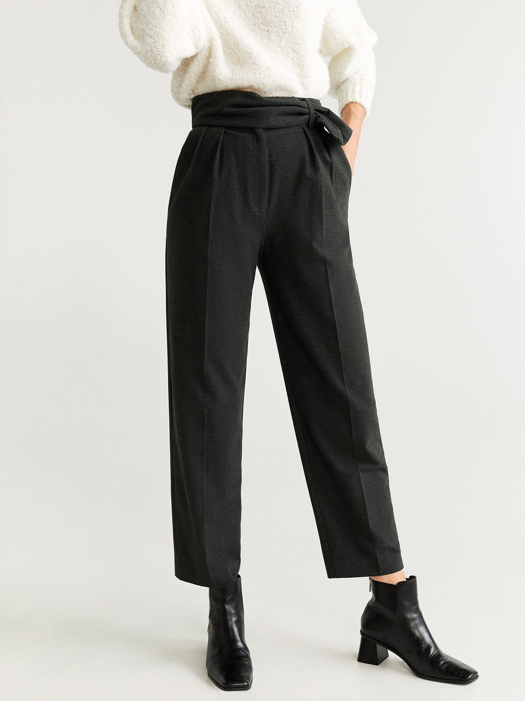 

MANGO Women Charcoal Grey Regular Fit Solid Parallel Trousers With Tie-Up Detailing