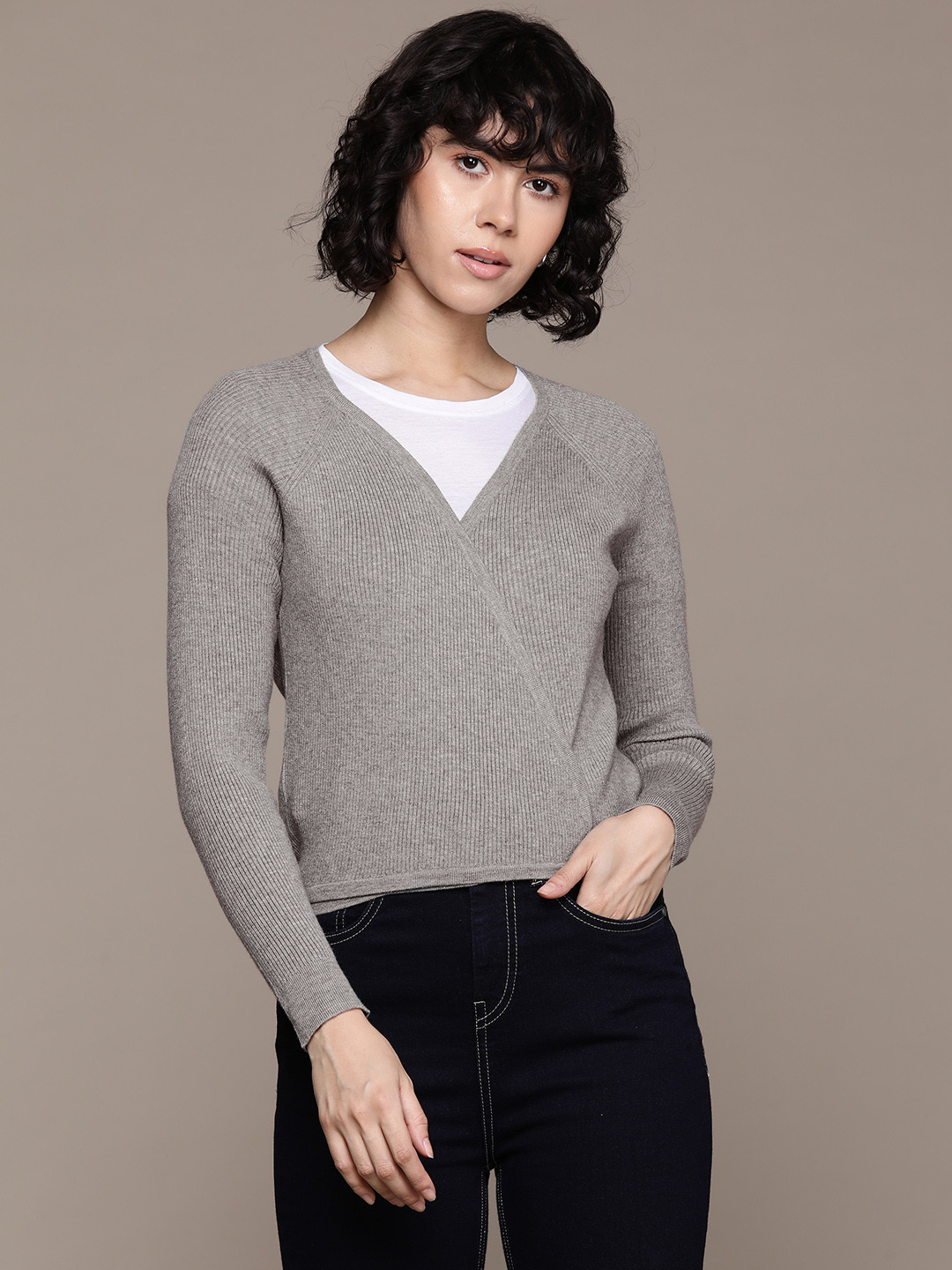 

MANGO Ribbed Wrap Top, Grey melange
